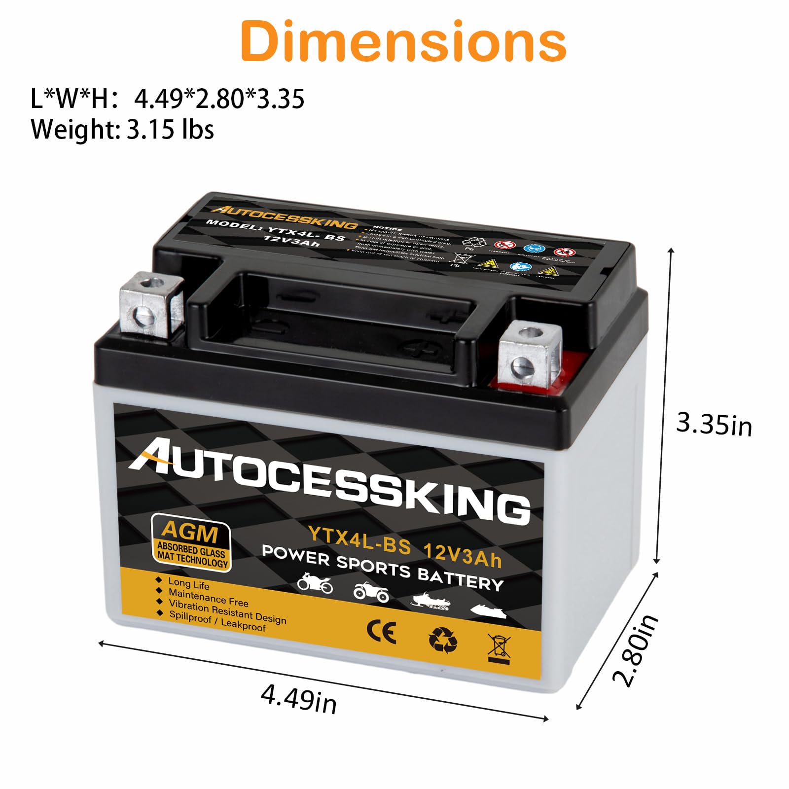 Autocessking YTX4L-BS 12V 3Ah Motorcycle Battery - Maintenance Free AGM Powersport Replacement for ATV and Scooter
