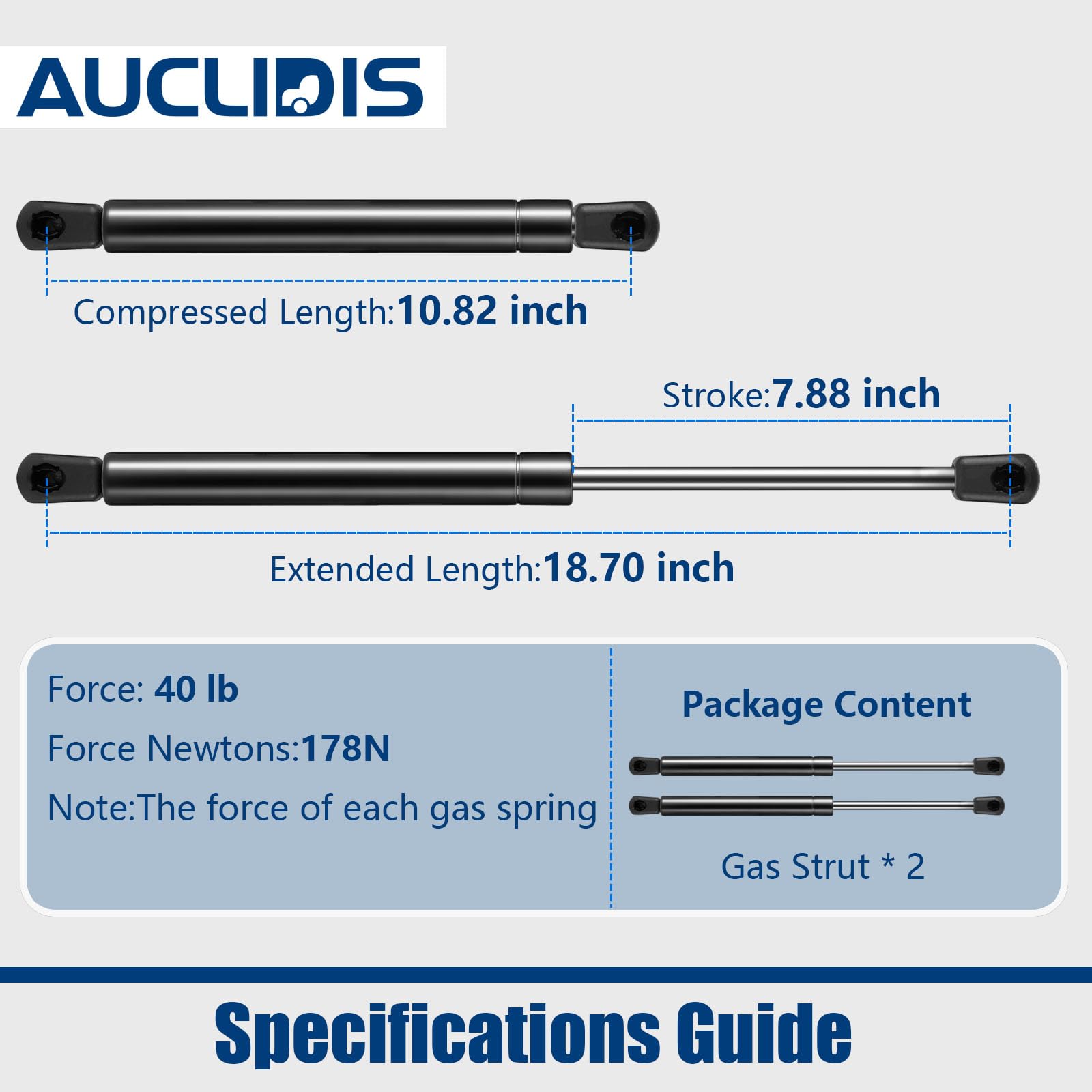 AUCLIDIS Gas Strut Shock Spring Lift Support, 18 inch, 40lb/178N, Model C16-20651, Set of 2 for Leer Camper Shell and Truck Top