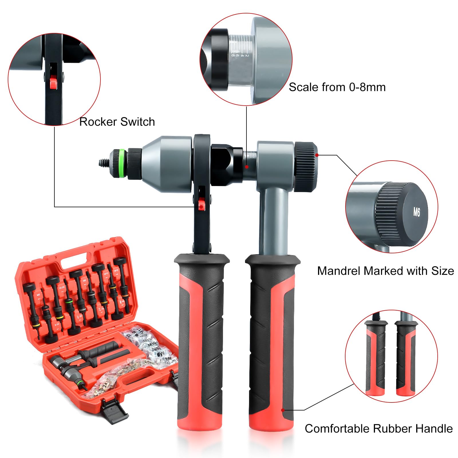 AOBEN Rivet Nut Tool Kit - Upgraded Nutsert Gun with 10 Metric & SAE Mandrels, 100 Rivnuts, Ratchet Tool, Model AB7003