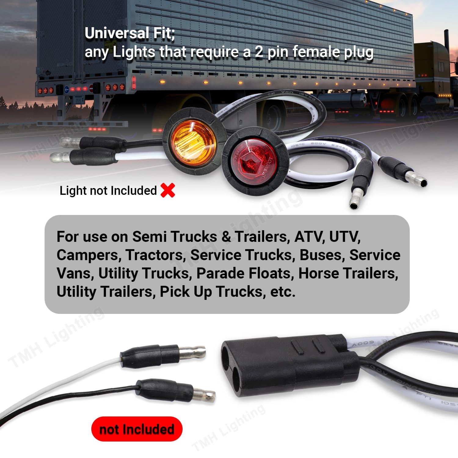 TMH 50 Count 2-Prong Wire Harness Roll, 18 Gauge, Double Female Bullet Plug, 6.5" Spacing for LED Marker Lights