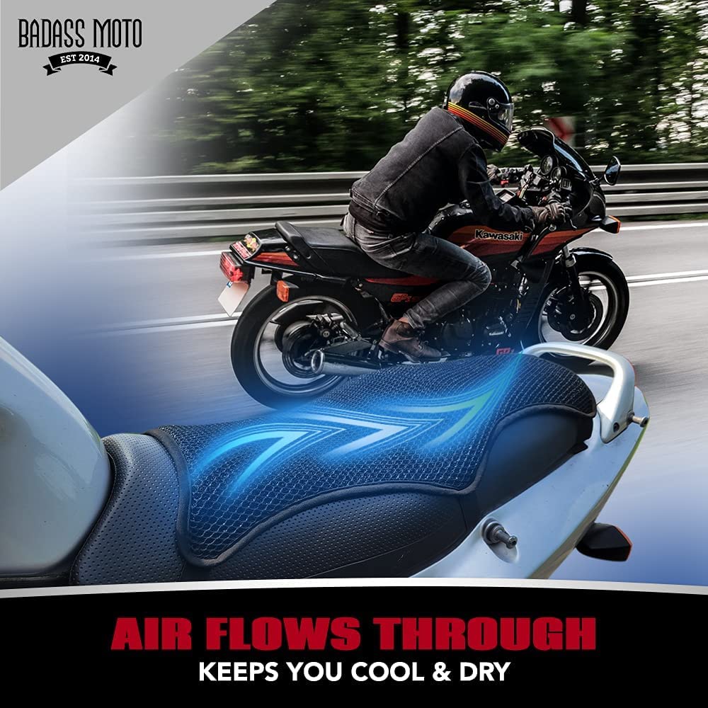 Badass Moto Air Cooling Motorcycle Seat Cushion. 3D Mesh Sport Touring Motorcycle Seat Pad. Breathable Motorcycle Seat Cover Sto