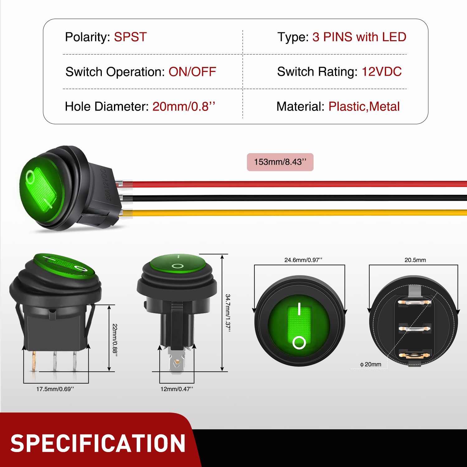 Nilight 5Pcs Waterproof Round Rocker Toggle Green Led Switch 12V 20A 3 Pin On Off Spst For Car Truck Boat Marine Automotive Rv W