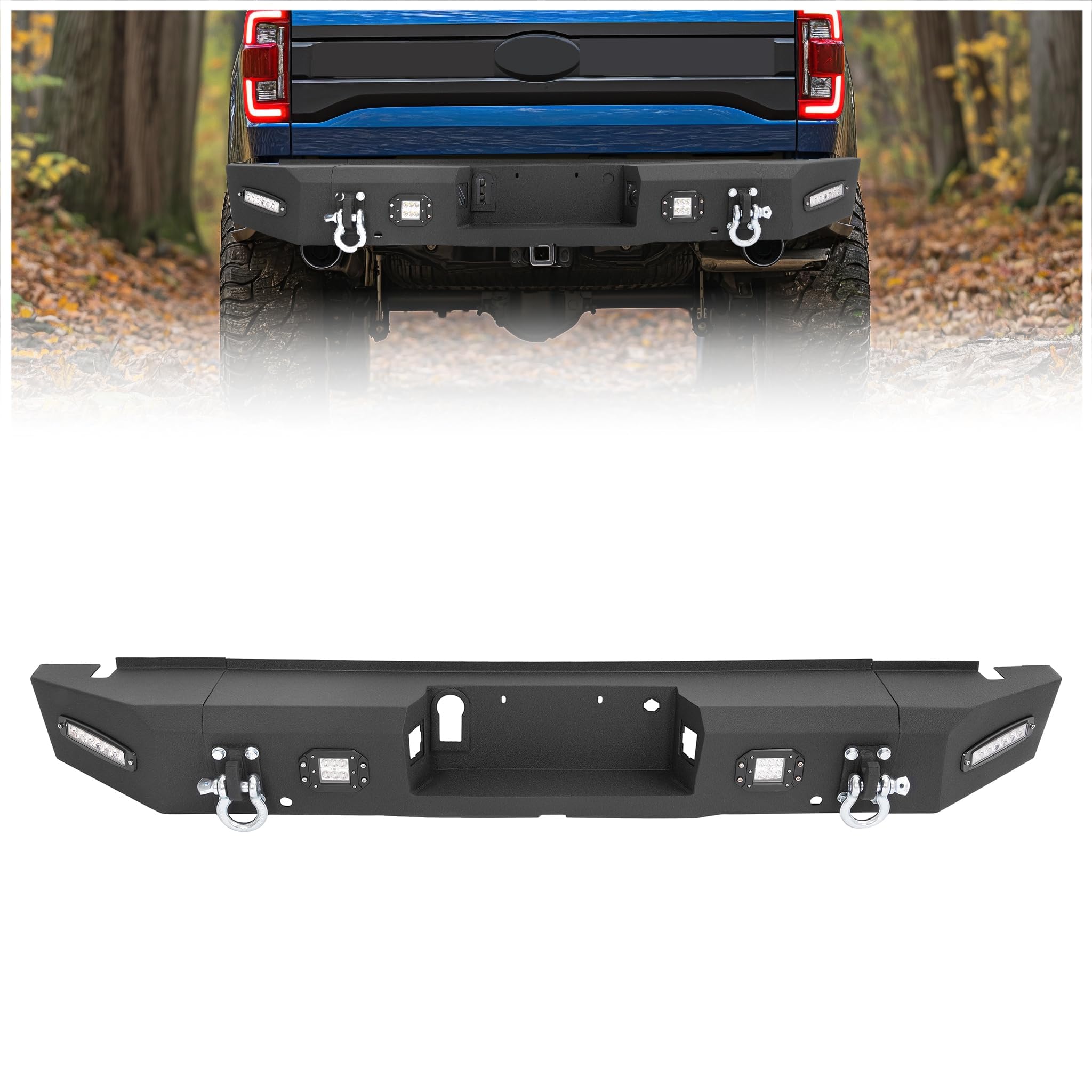KUAFU Rear Step Bumper Compatible with 2015-2020 Ford F150 F-150 Heavy Duty Pickup Truck Bumper W/D-rings, 4 X LED Lights, Senso
