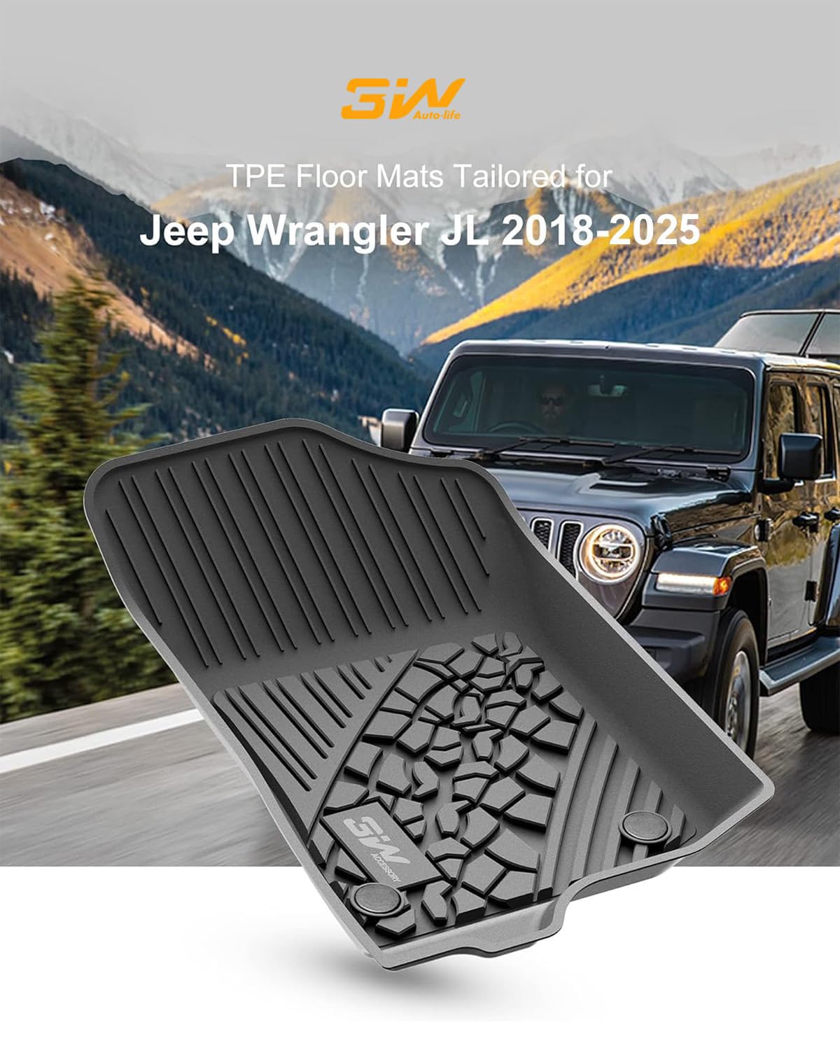 3W TPE Floor Mats for Jeep Wrangler JL 2018-2025, All-Weather Black 3PCS Full Set, Model ZY1051106-1-2