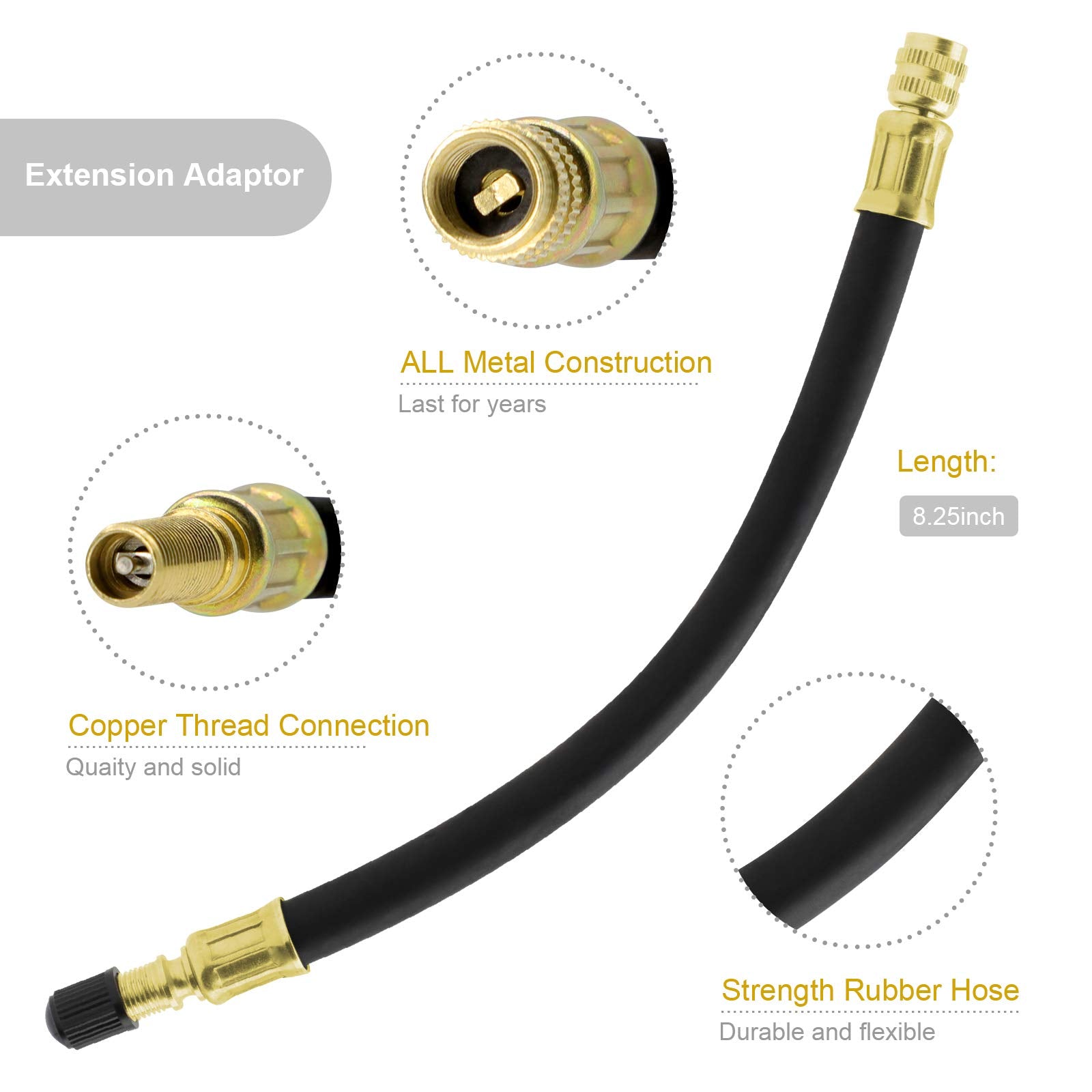 ZHSMS Tire Valve Extension, 8.25 Inch Flexible Valve Stem Extenders with 90 Degree Brass Schrader Tire Valve Extension Adaptor C