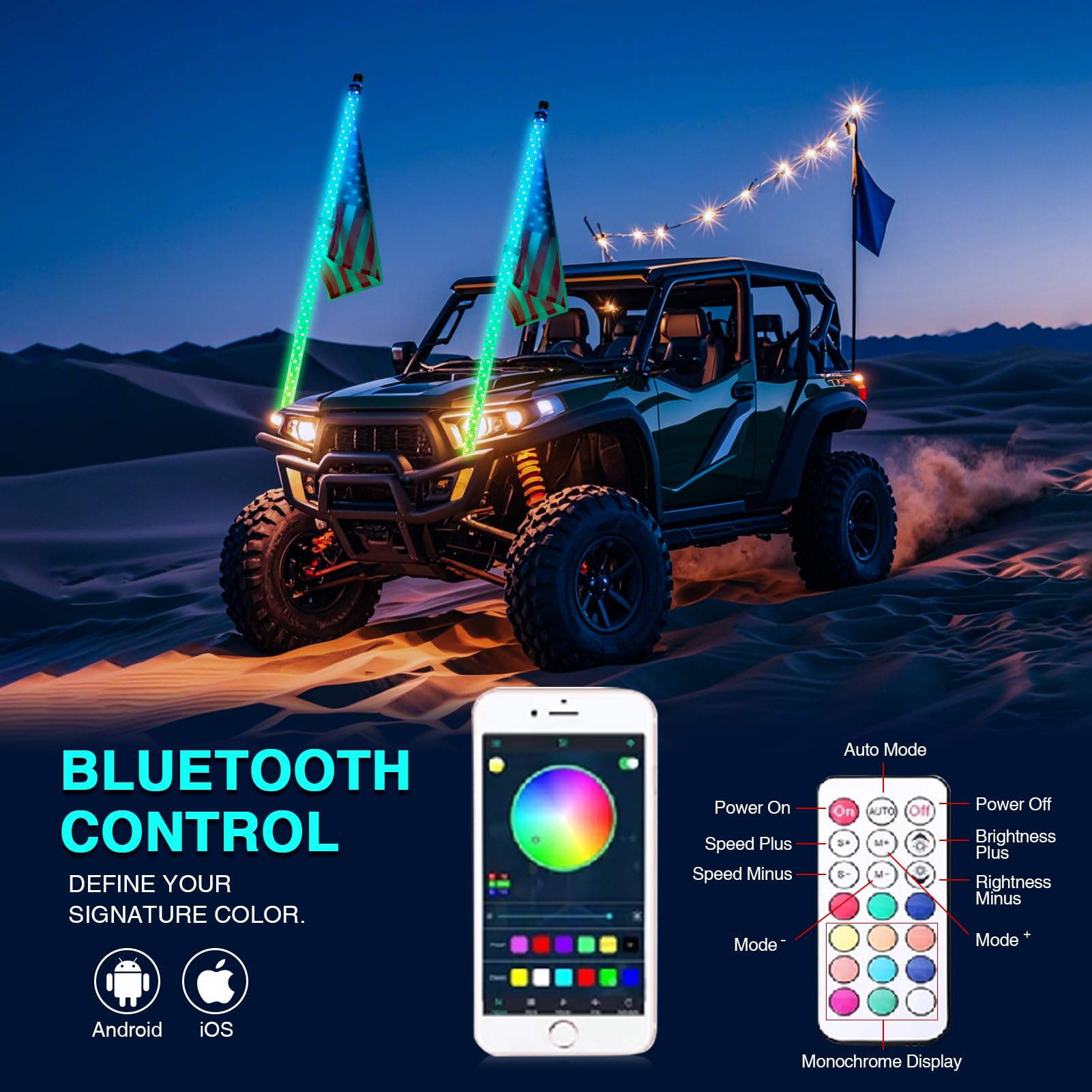 Arnzion LED Whip Lights, 2PCS 3FT Lighted Whips with App & Remote Control, Whip Lights for Side by Side with Turn Light, RGB Cha