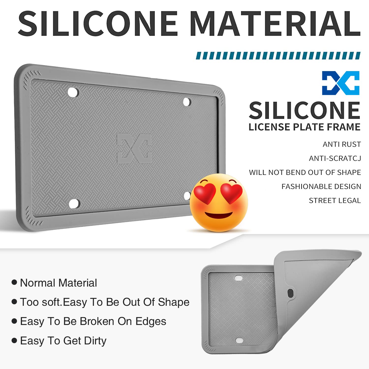 Xclpf Silicone Gray License Plate Frame Covers 2 Pack- Front And Back Car Plate Bracket Holders. Rust-Proof, Rattle-Proof, Weath