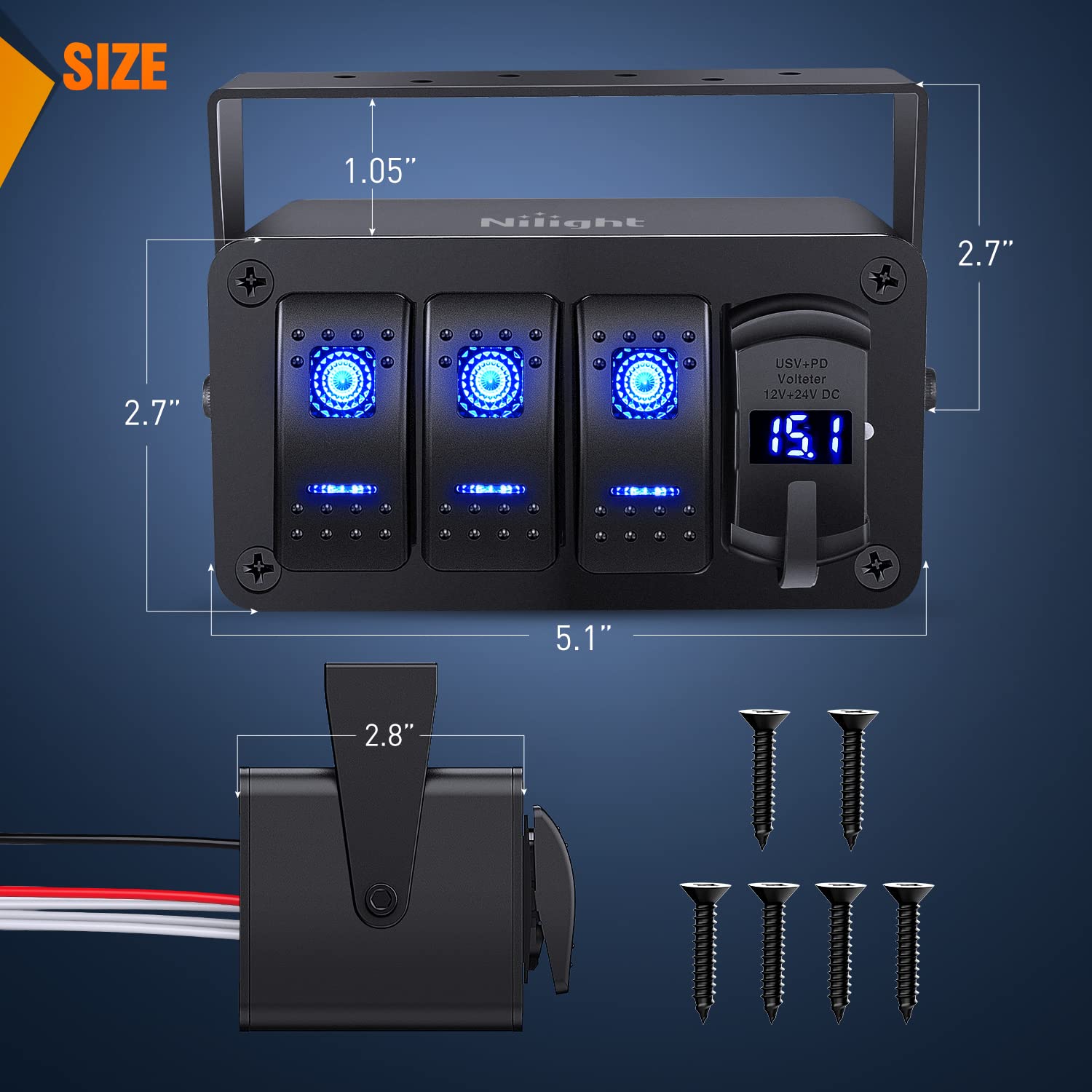 Nilight 3 Gang Rocker Switch Panel Blue Backlit With Pd Type C And Usb Charger Voltmeter Waterproof 12V 24V Dc Rocker Switch With Night Glow Stickers For Car Trucks Boats Rvs,2 Years Warranty,Blue/Box