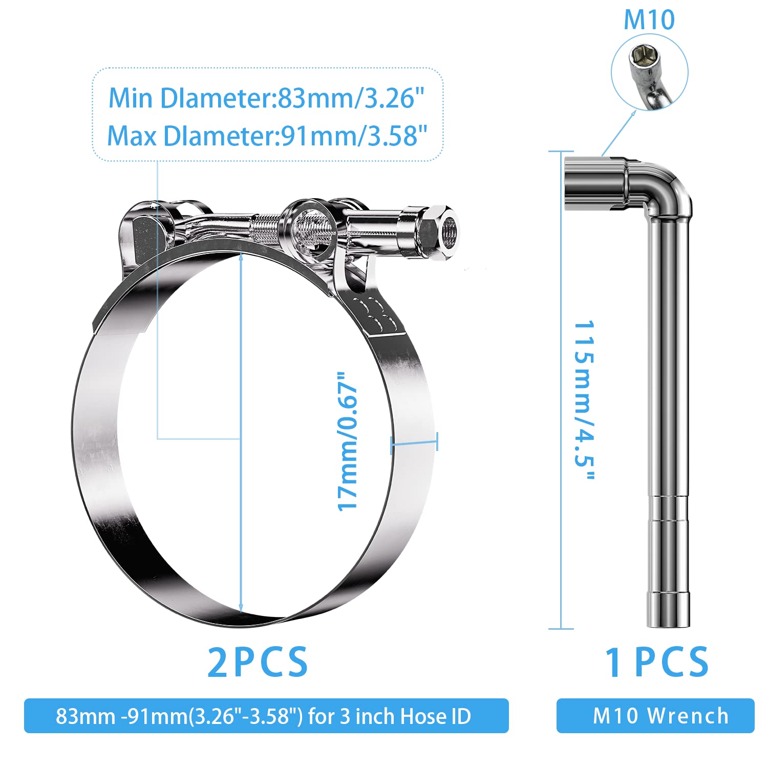 PEROMI 2 Pack 3 Inch T Bolt Hose Clamps Working Range 83-91mm for 3 Inch Hose ID, Stainless Steel Turbo Intake Intercooler Clamp