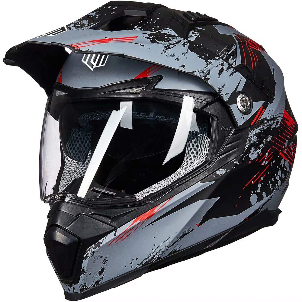 Ilm Off Road Motorcycle Dual Sport Helmet Full Face Sun Visor Dirt Bike Atv Motocross Casco Dot Certified Model 606V(Grey Red, S
