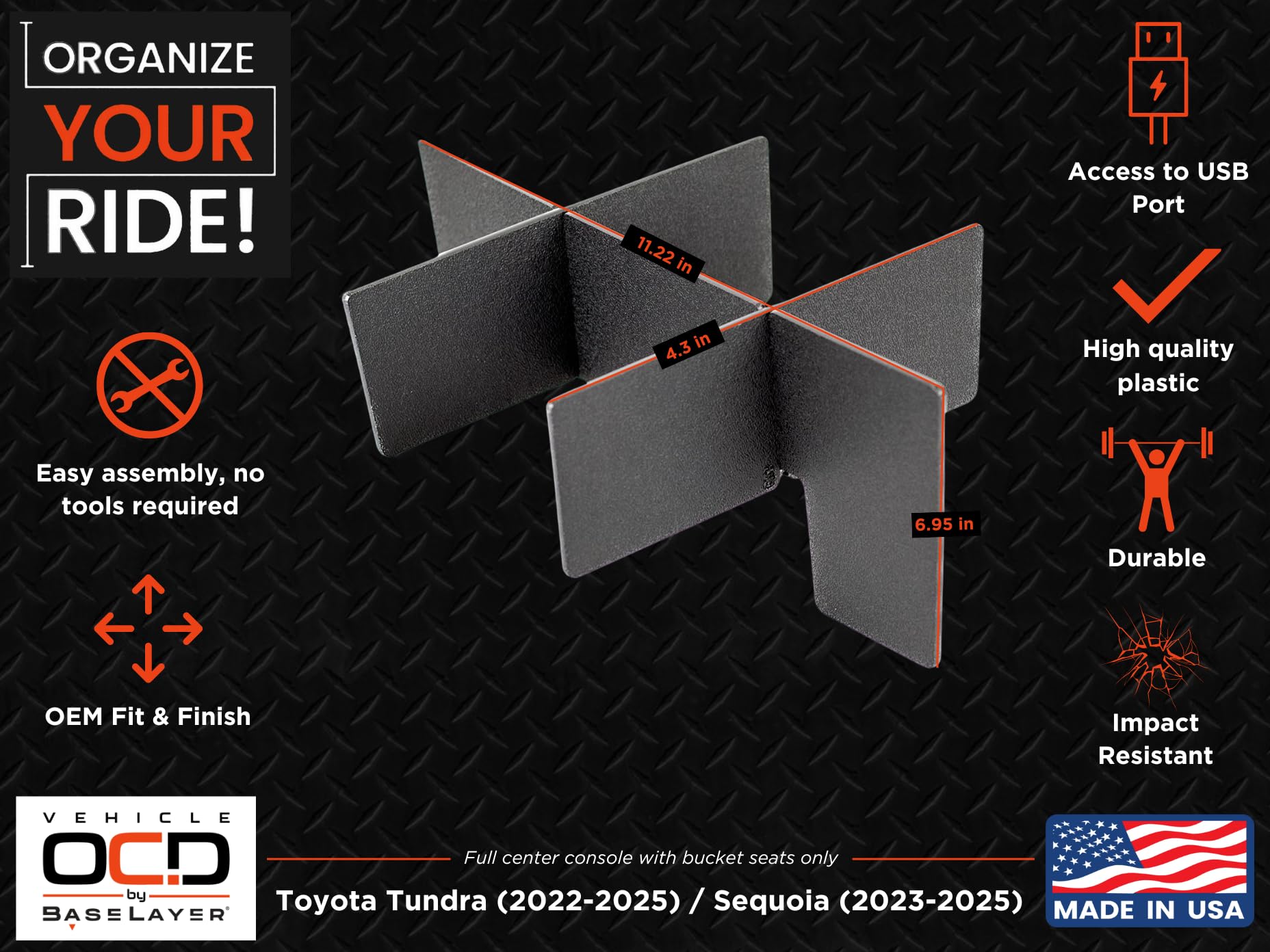 Vehicle Ocd - Center Console Organizer For Toyota Tundra (2022-2025) / Toyota Sequoia (2023-2025) - Made In Usa - Not Compatible