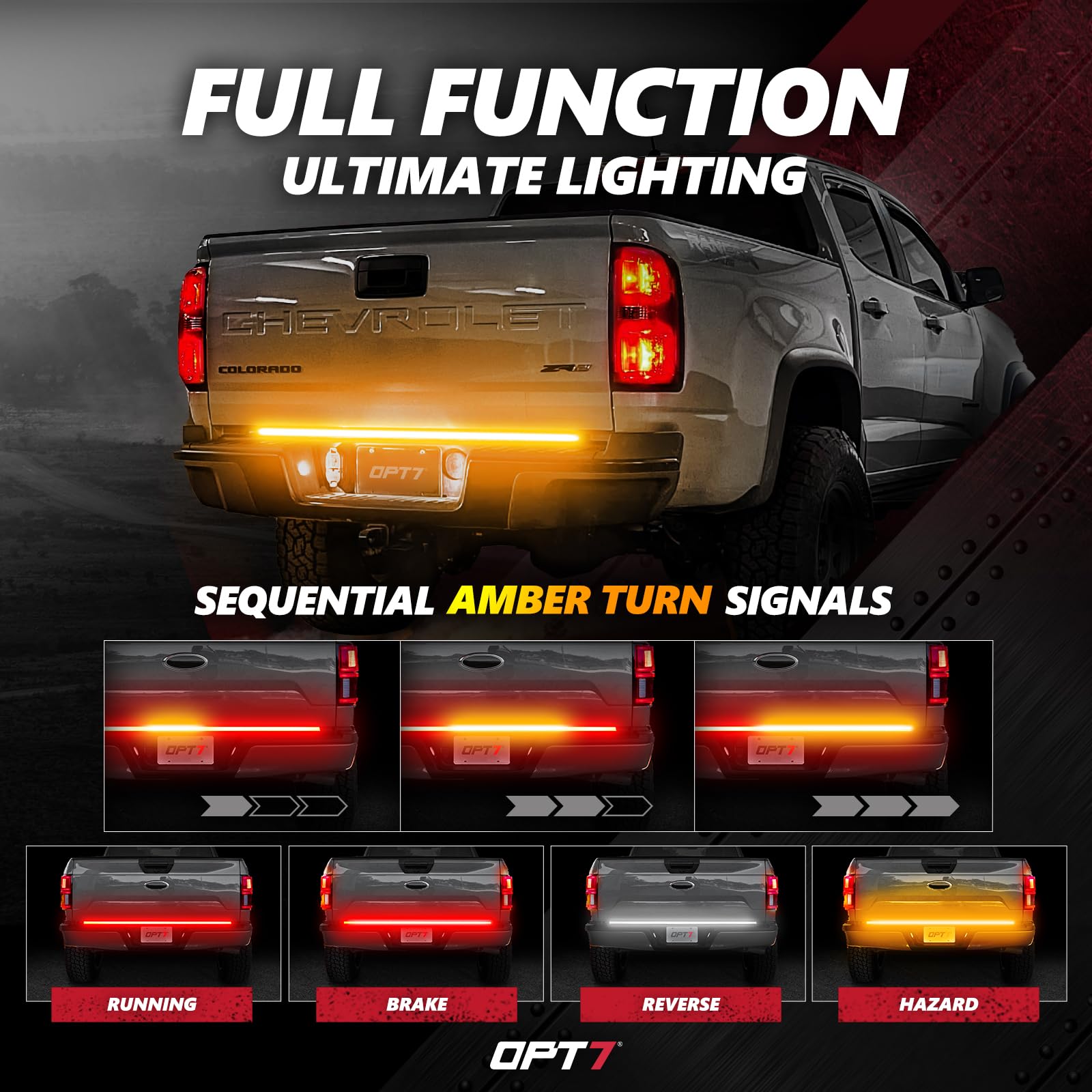 OPT7 48" Redline Triple LED Tailgate Light Bar - Amber Turn Signal, Weatherproof, No Drill Install, FBA-Tailgate-Triple-48-Amber
