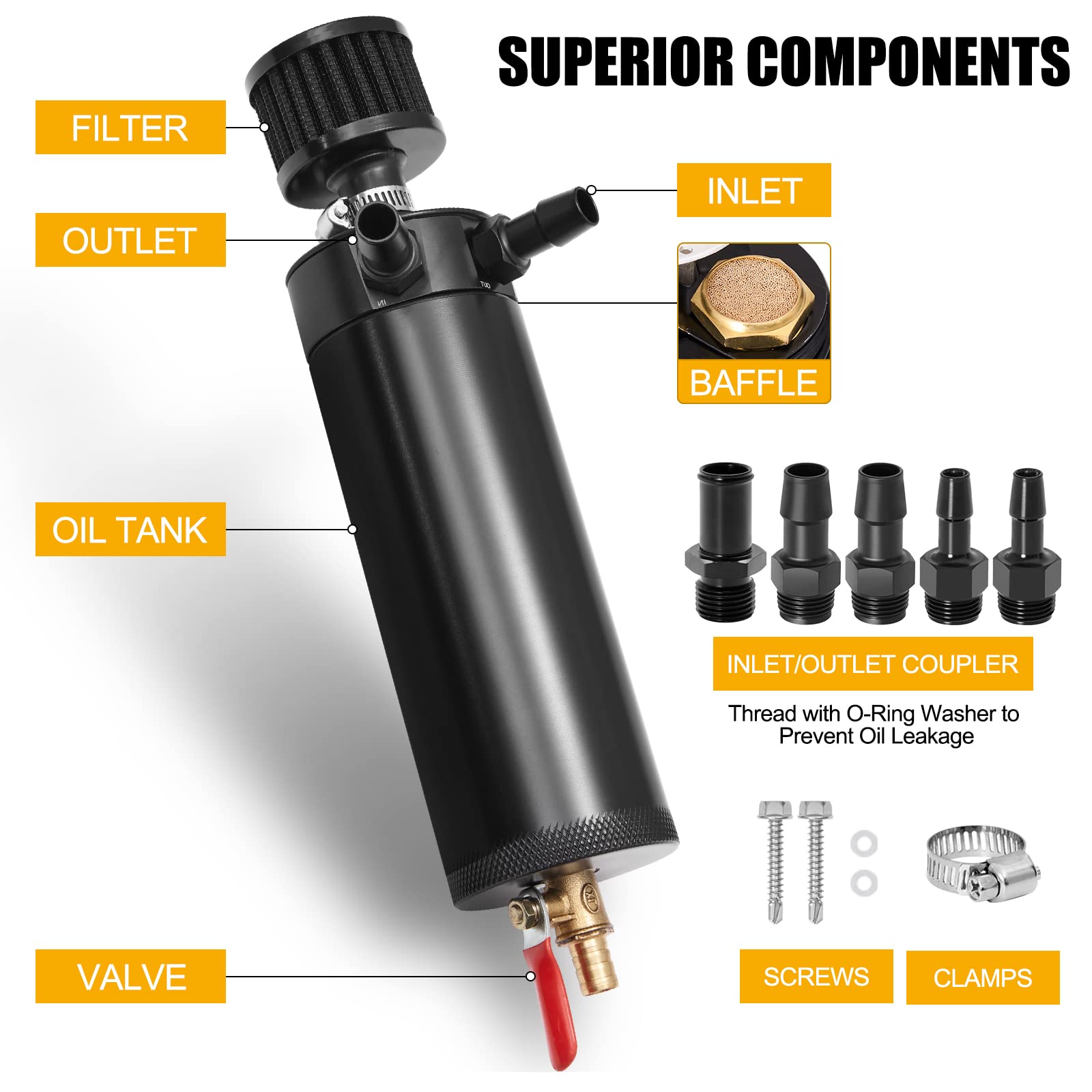 Temsone Universal 2 Port Aluminum 750Ml Baffled Oil Catch Can Reservoir Tank With Breather Filter And Drain Valve