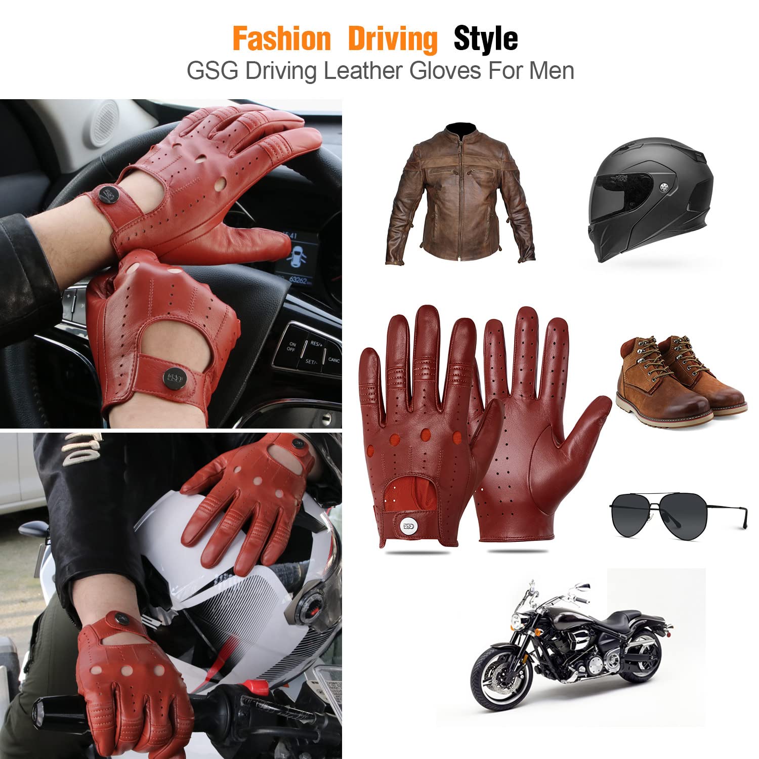 Gsg Men Genuine Leather Gloves Burgundy Red Unlined Biking Touchscreen Driving Gloves Medium Palm Hole