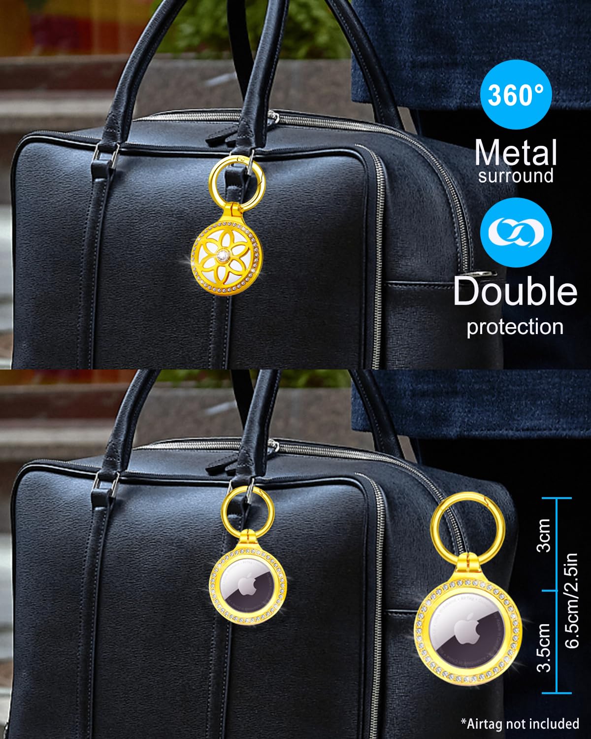 Deerlet Airtag Holder 2 Pack,Metal Badge Rhinestone Airtag Key Chain,Diamonds Shine Air Tag.Holder Keychain,Air Tag Key Chain Co