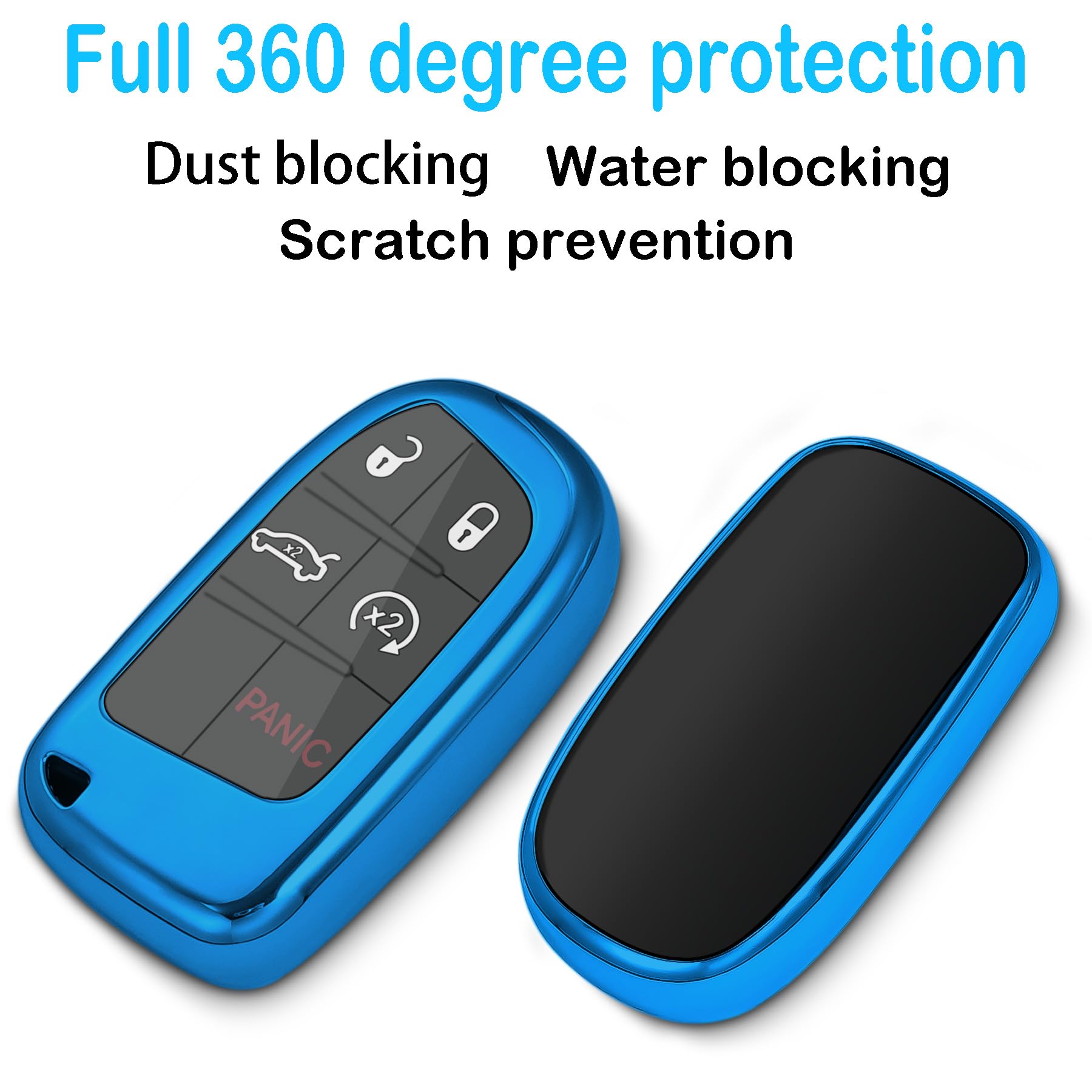 Kirsnda For Jeep Key Fob Cover Case,With Keychain Fit Grand Cherokee Renegade Chrysler 200 300 Dodge Durango Challenger Journey Dart Fiat Smart Remote,Soft Tpu Key Case,3-4-5 Buttons(Blue)