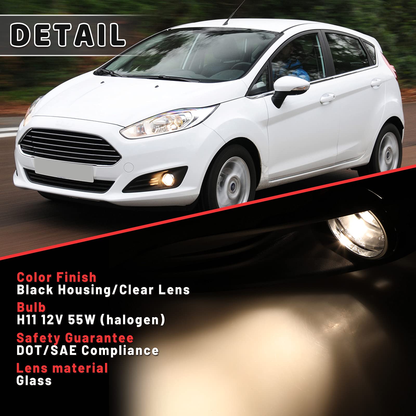 Autowiki Fog Lamp For 2014-2018 Ford Fiesta Fog Lights Assemblies For 2019 Ford Fiesta S & Se Models With Wiring Kit 1 Pair