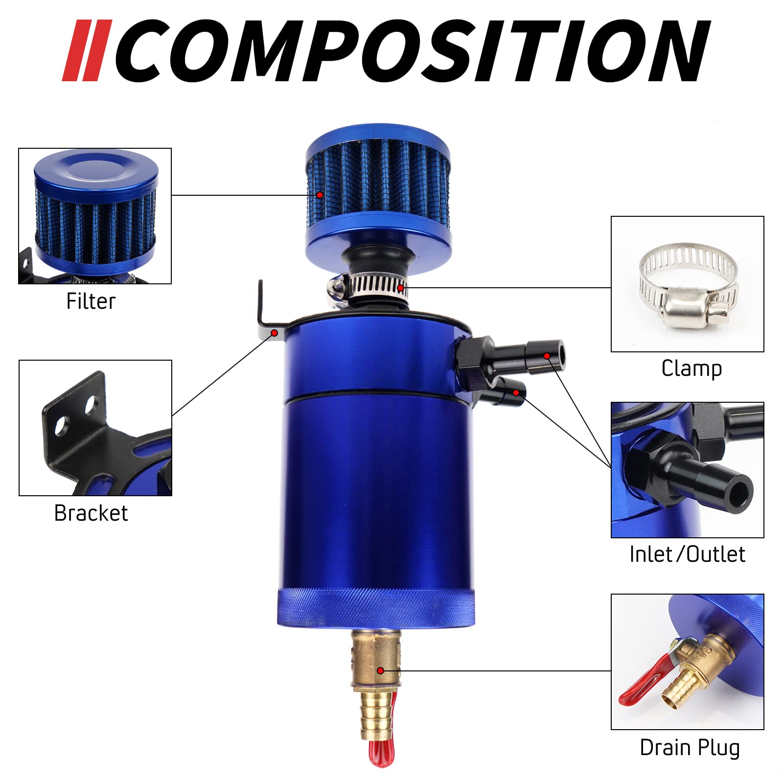 WENJTP Oil Catch Can Kit with 4 Adapters + Breather Filter Drain Valve Plug 2 Ports (1 oulet + 1 inlet) 150ml Universal Aluminum