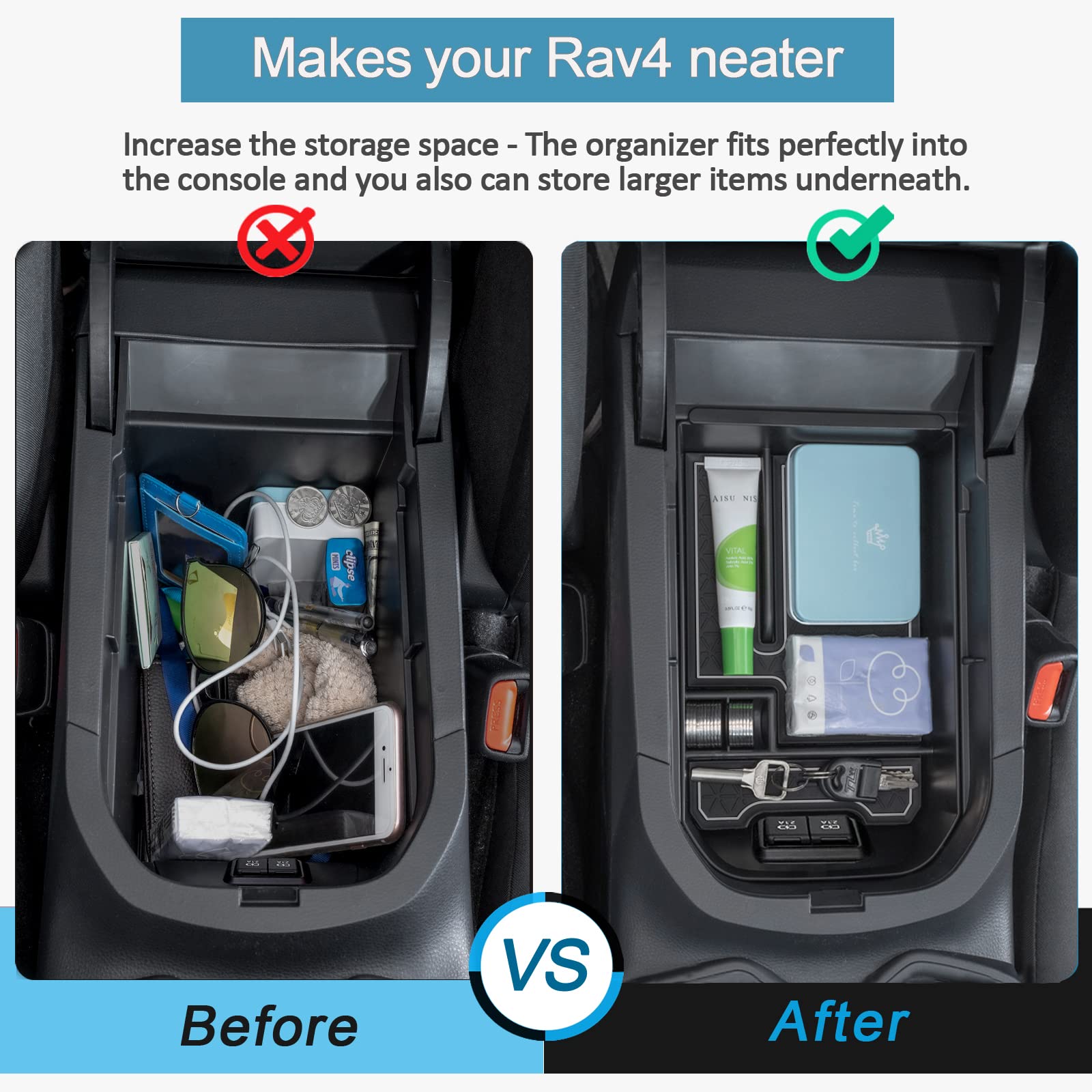 Topinstall Gray Center Console Tray Compatible With Rav4 2023 2022 2021 2020 2019 Accessories, Armrest Box Organizer Insert Abs Plastic Storage Box