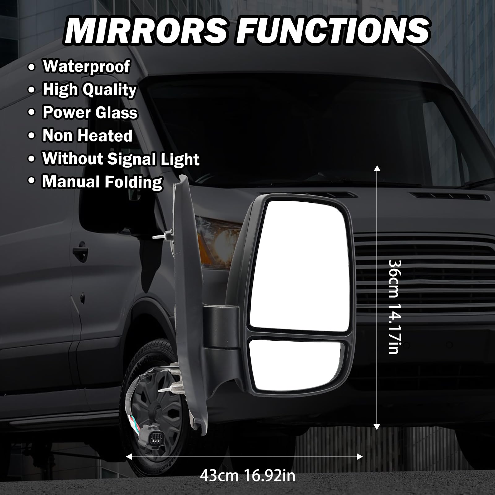 MOFOAP Passenger Side Mirror for 2015-2025 Ford Transit 150/250/350, Power Glass, Black, Short Arm, 3 Pins Without Indicator