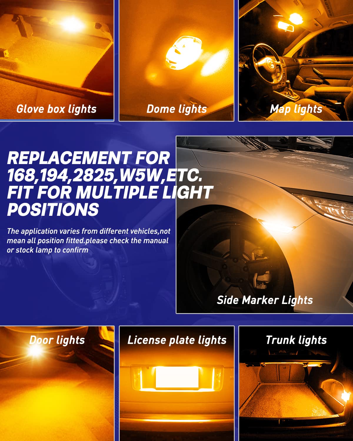 Autoone 194 Led Bulb Amber Yellow, Side Marker Lights 300% Brighter T10 168 2825 W5W Led Bulbs For License Plate Light Dome Map