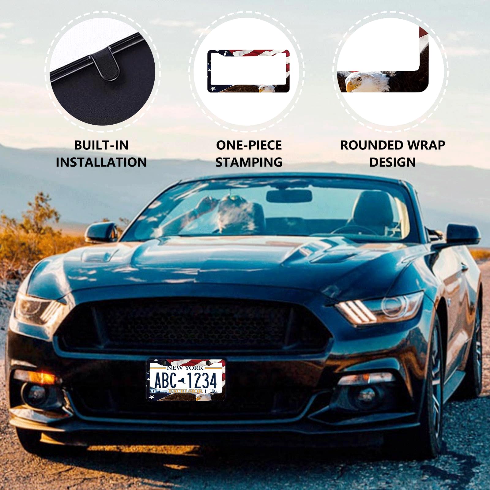 Lin Kang American Flag Eagle License Plate Frame Holder - 2 Pack Patriotic Universal Aluminum Matte Stripe Us Flag Gloss Car Pla