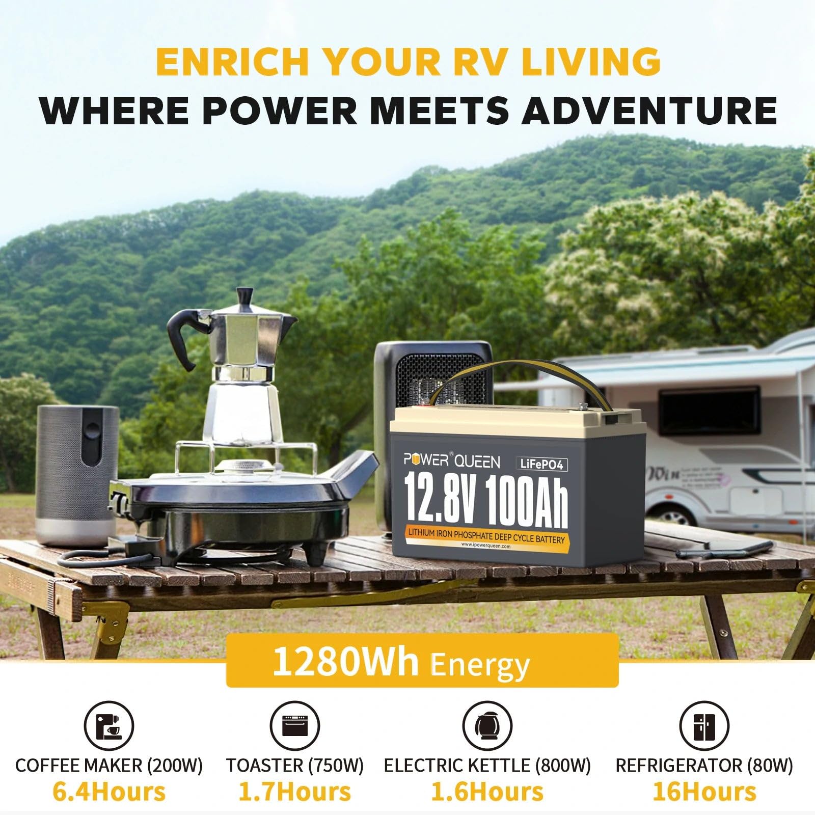 Power Queen 12.8V 100Ah LiFePO4 Battery with 100A BMS, 1280Wh, Ideal for Solar Systems, RVs, Off-Grid Use