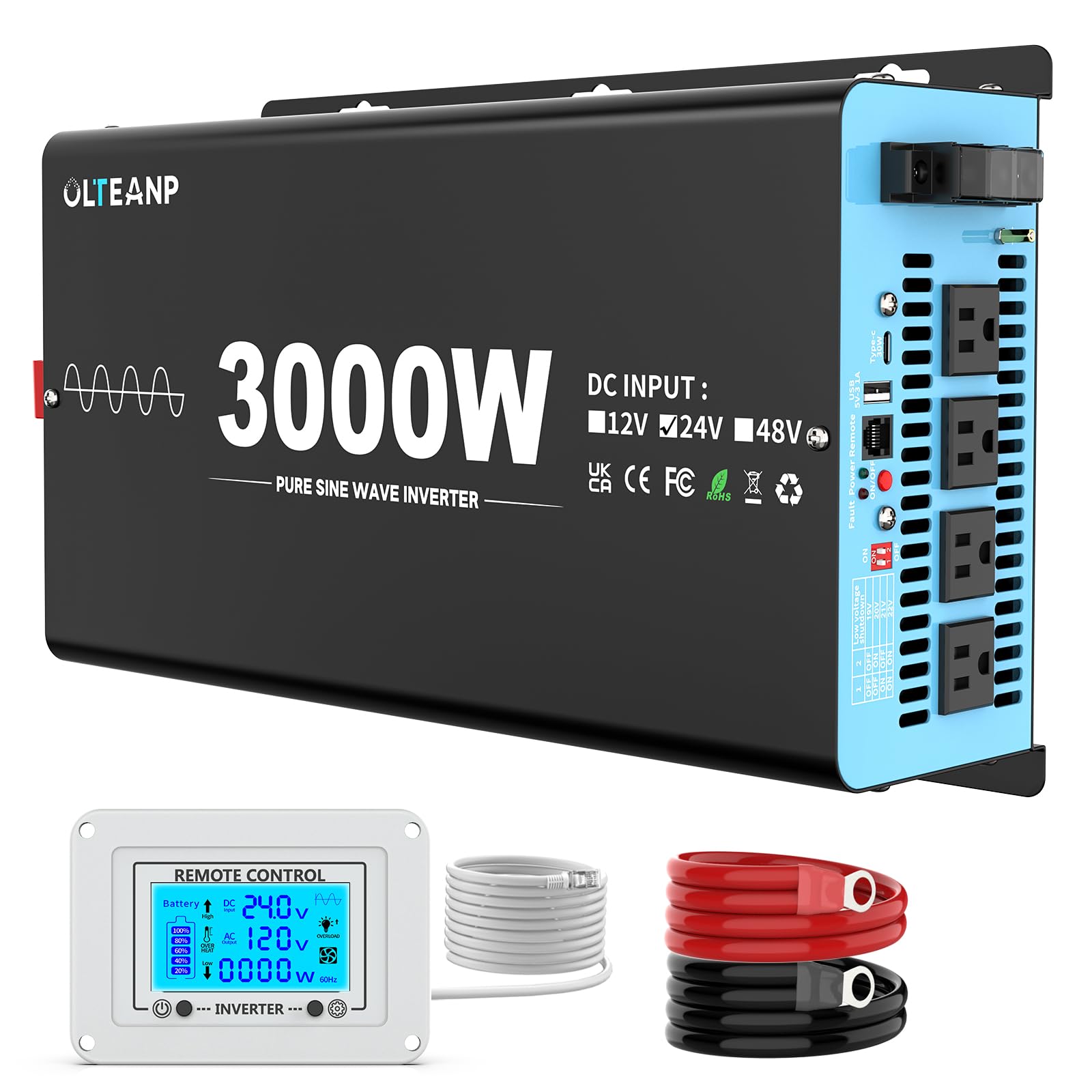 New Upgraded 24V 3000 Watts Pure Sine Wave Inverter, 24V DC to 110V/120V AC Power Inverter with 4 AC Outlets, USB Port, Type-C P