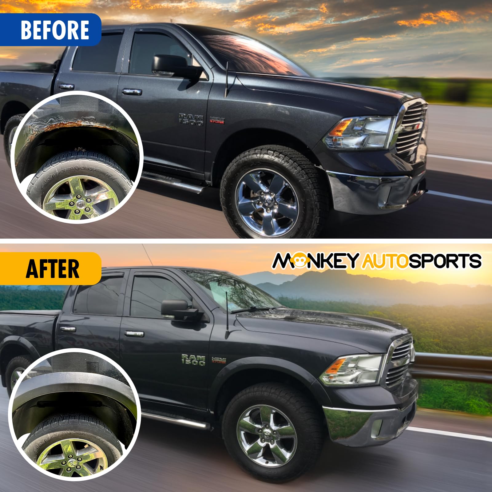 Monkey Autosports Dodge Ram 1500 Fender Flares Set of 4, Black, OE Design, 2009-2018 Models, Durable Acrylonitrile Butadiene Styrene