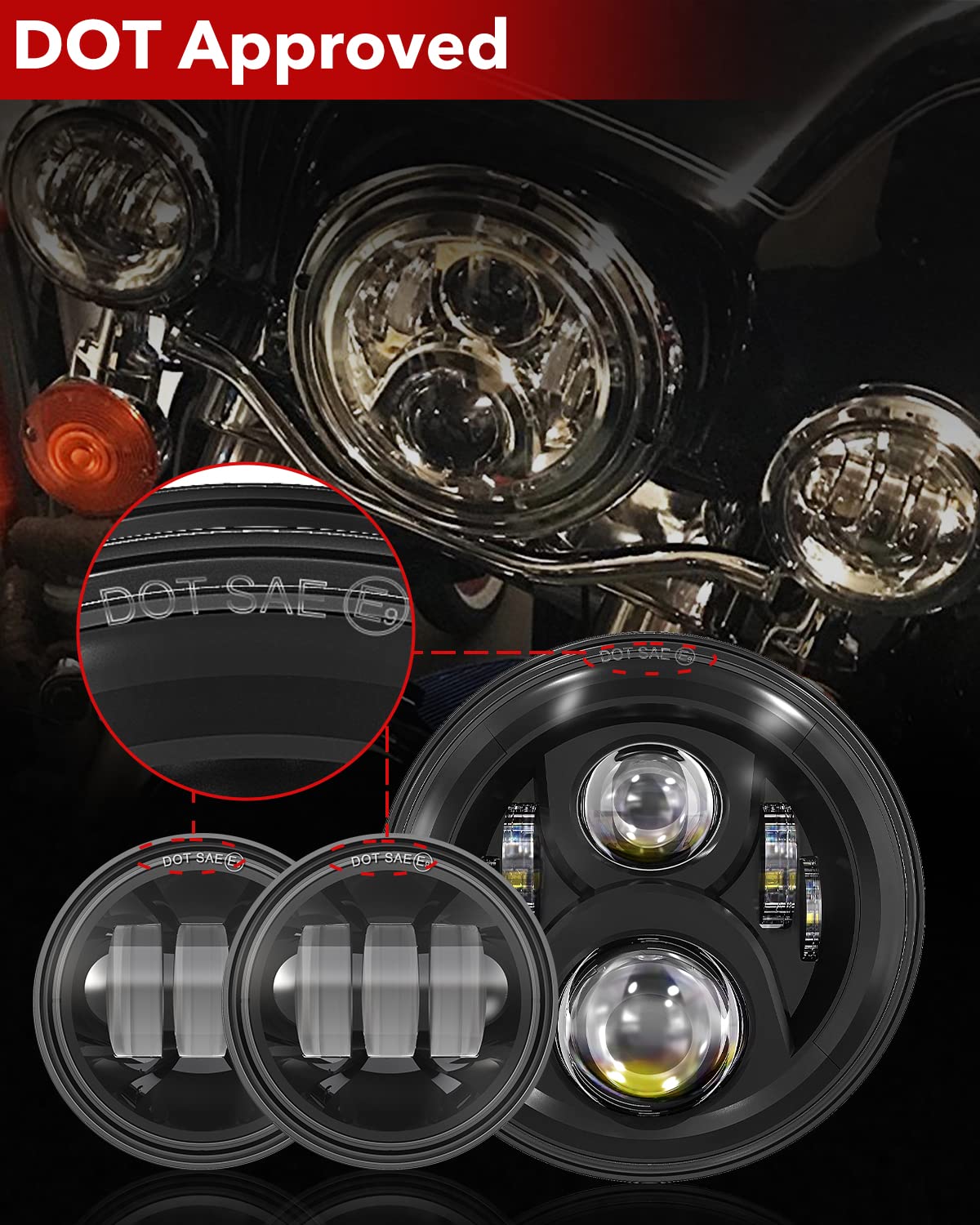 Bicyaco 7 Inch Led Motorcycle Headlight With 4.5 Inch Fog Lights Passing Lamps Dot Sae Approved, Compatible With Harley Davidson Classic Electra Street Glide Fat Boy Road King Heritage Softail Black