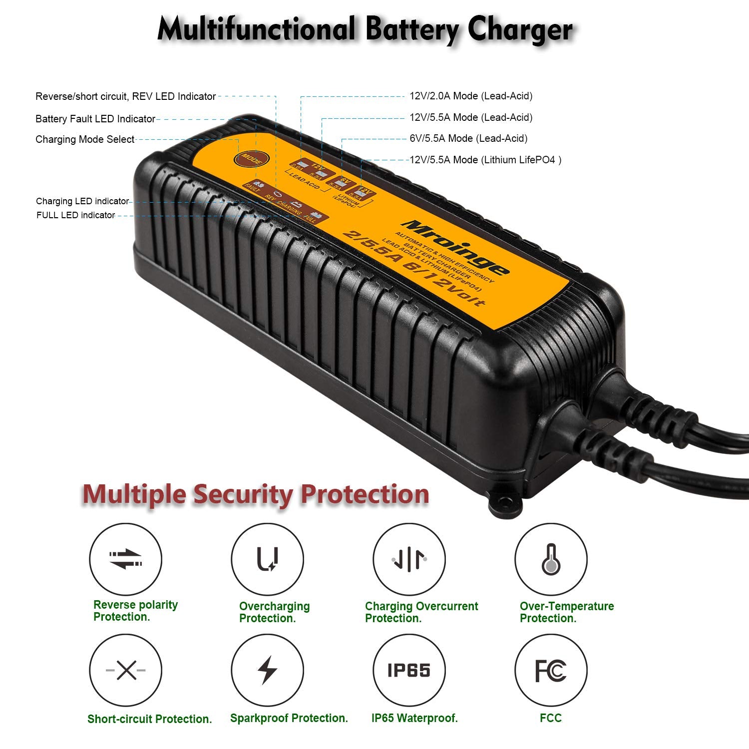 Mroinge Mbc055, 6V/12V 5.5A Smart Vehicle Battery Charger Maintainer For Cars Motorcycles Rvs Tvs Boat For Normal Lead Acid Gel