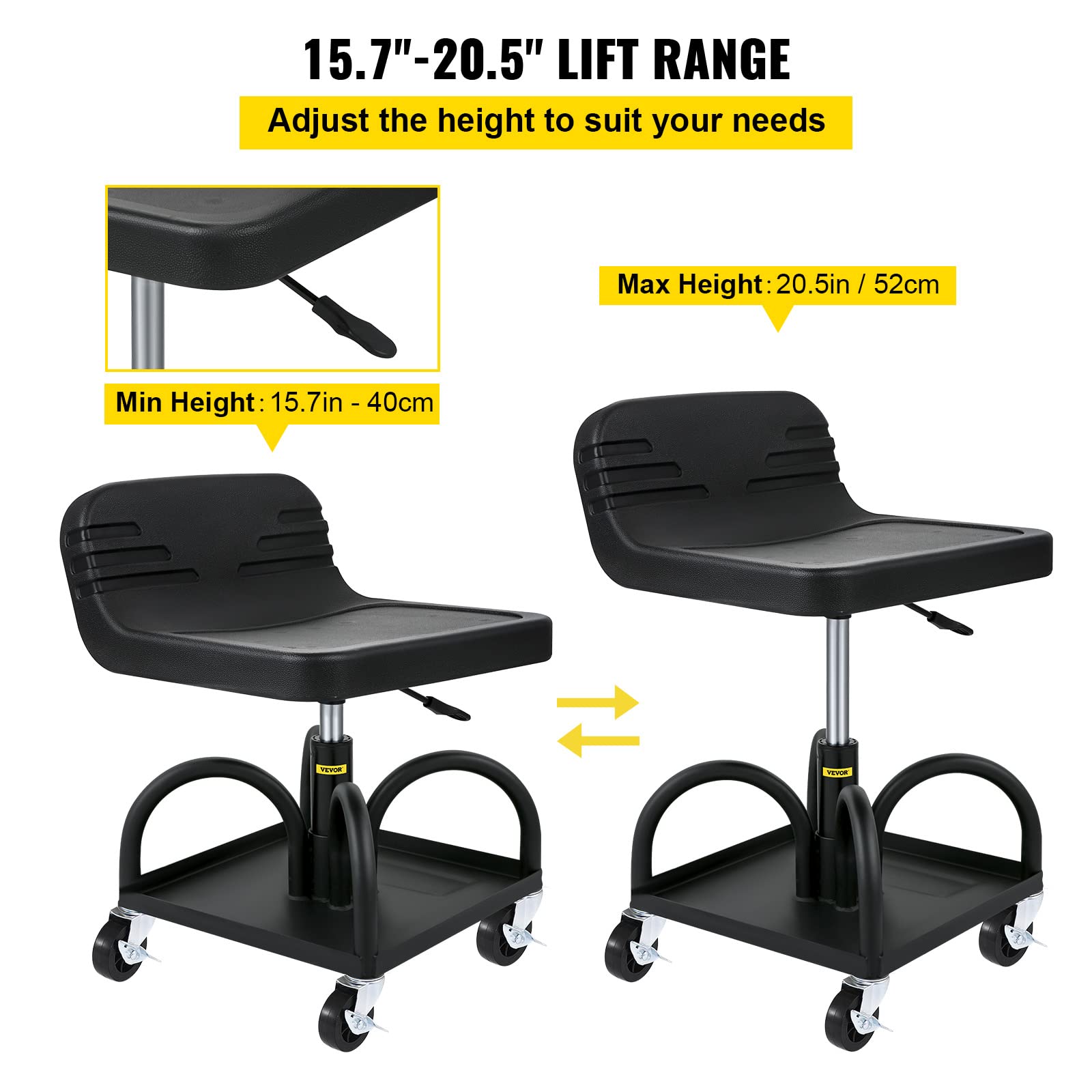 Vevor Mobile Rolling Seat, 300Lbs Capacity, 15.7'' To 20.5'' Adjustable Height, Mechanic Rolling Stool With Swivel Wheels And To