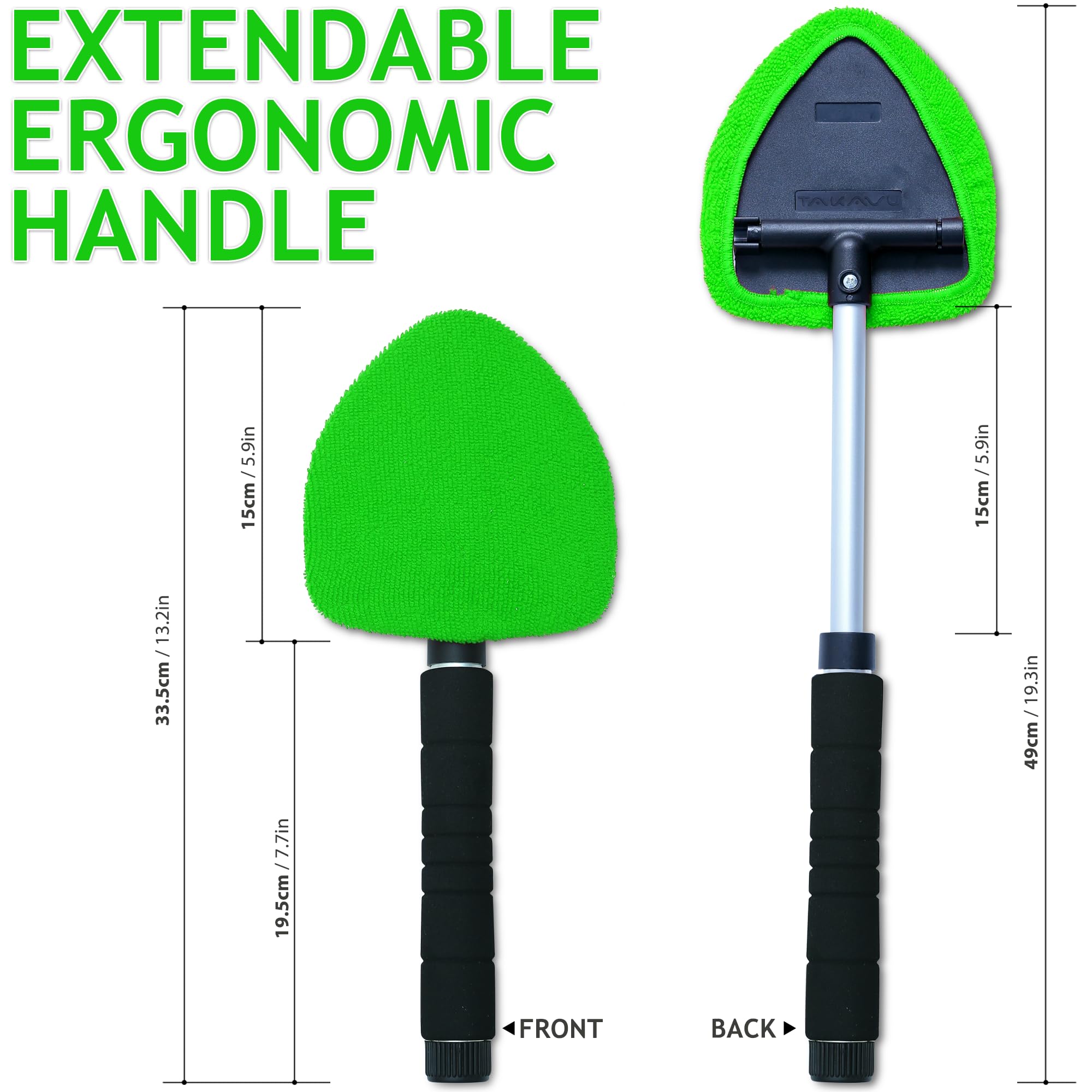 Takavu Car Window Cleaning Tool, Windshield Wiper Cleaner With Extendable Long-Reach Handle, 3 Washable Reusable Microfiber Bonn
