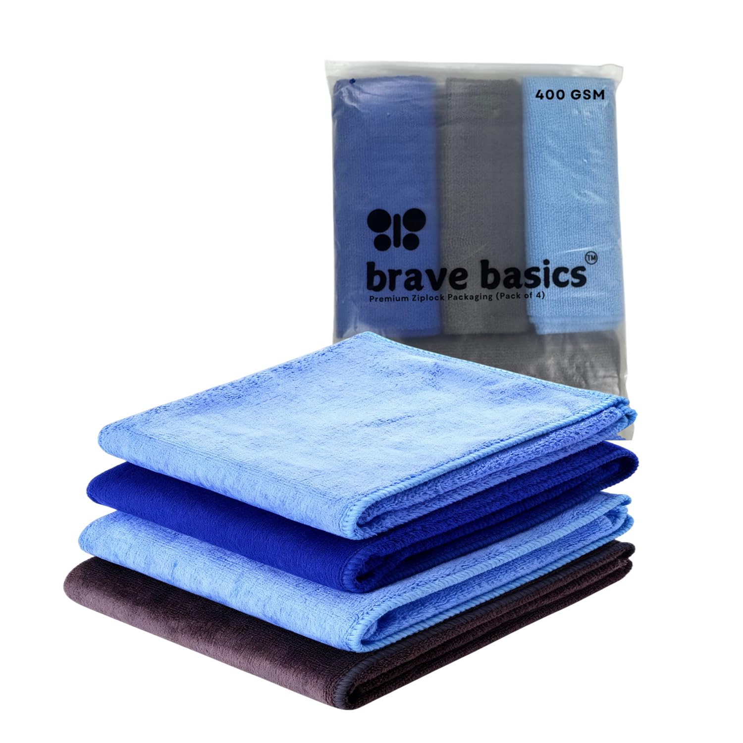 brave basics Soft Microfiber Cleaning Cloths (Pack of 4, 40x40 cm) 400 GSM | Super Absorbent | LintFree & StreakFree Towels fo