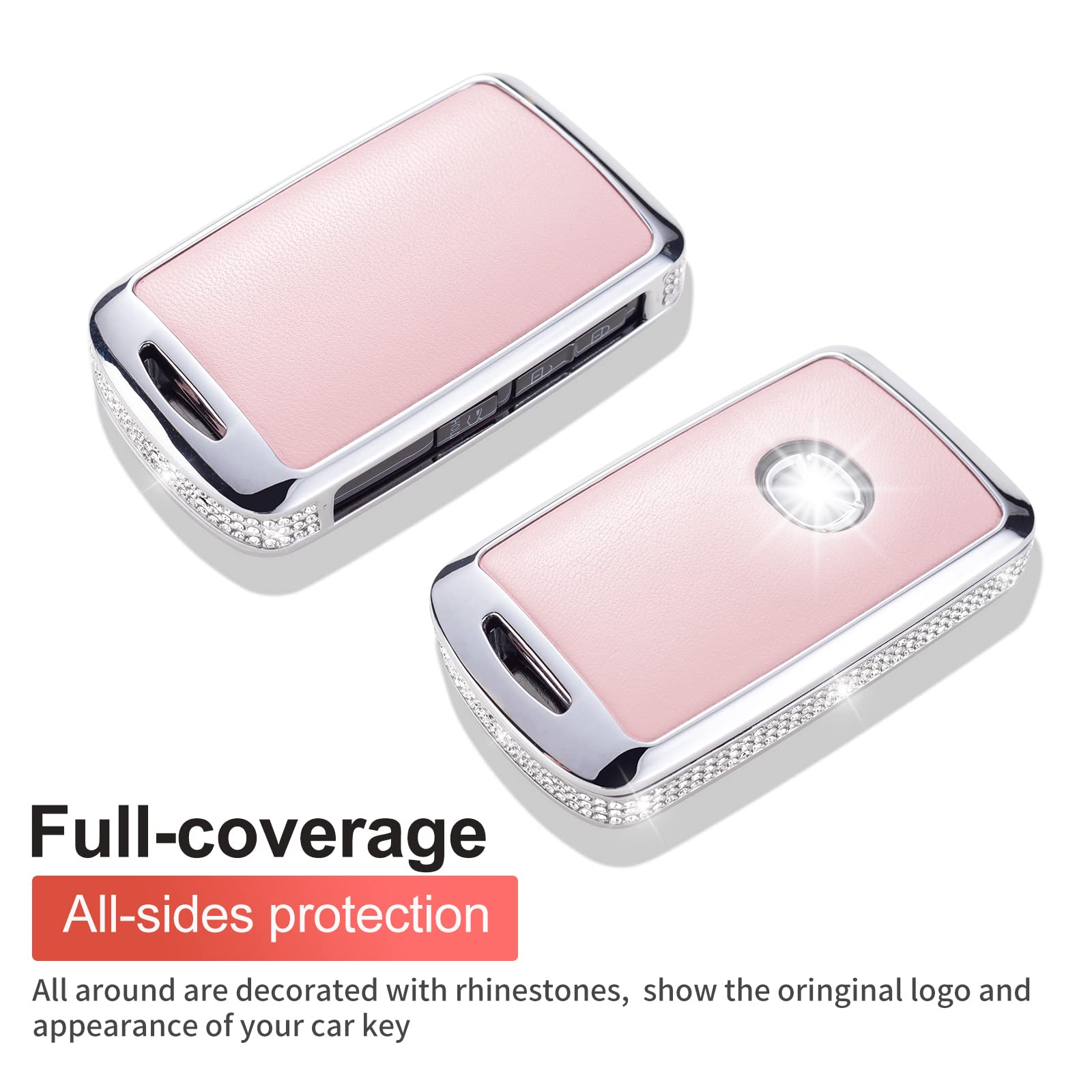 Ruabiban Key Fob Cover Compatible With Mazda, Pink Leather Crystal 360 Degree Protection Key Shell Case For 2019-2022 Mazda 3, M