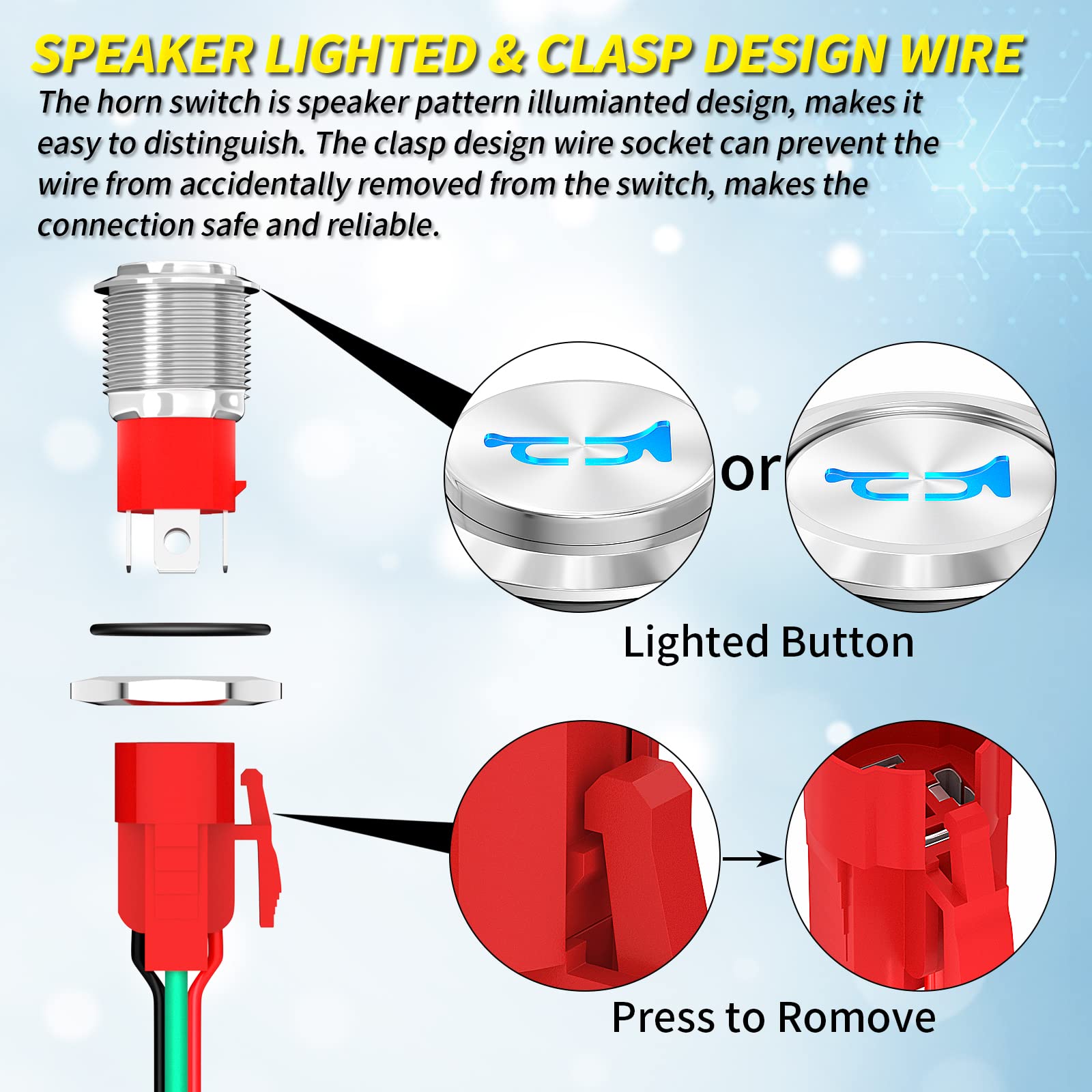 Joinfworld Horn Button 12V 20A Heavy Duty 16Mm Metal Horn Switch Speaker Blue Led Illumianted Stainless Steel Momentary Push But