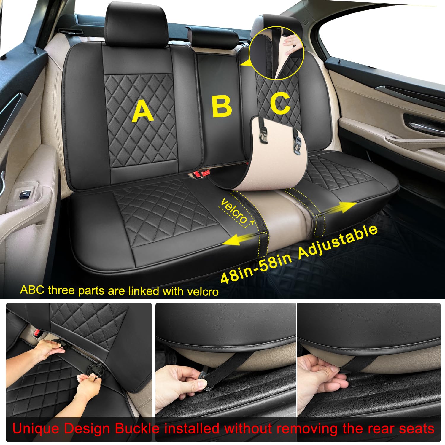 BEITK Leather Car Seat Covers Full Set, Black, Easy to Install, Universal Fit for Sedan, SUV, and Trucks, Model BK-DJZT-5PCS-Black