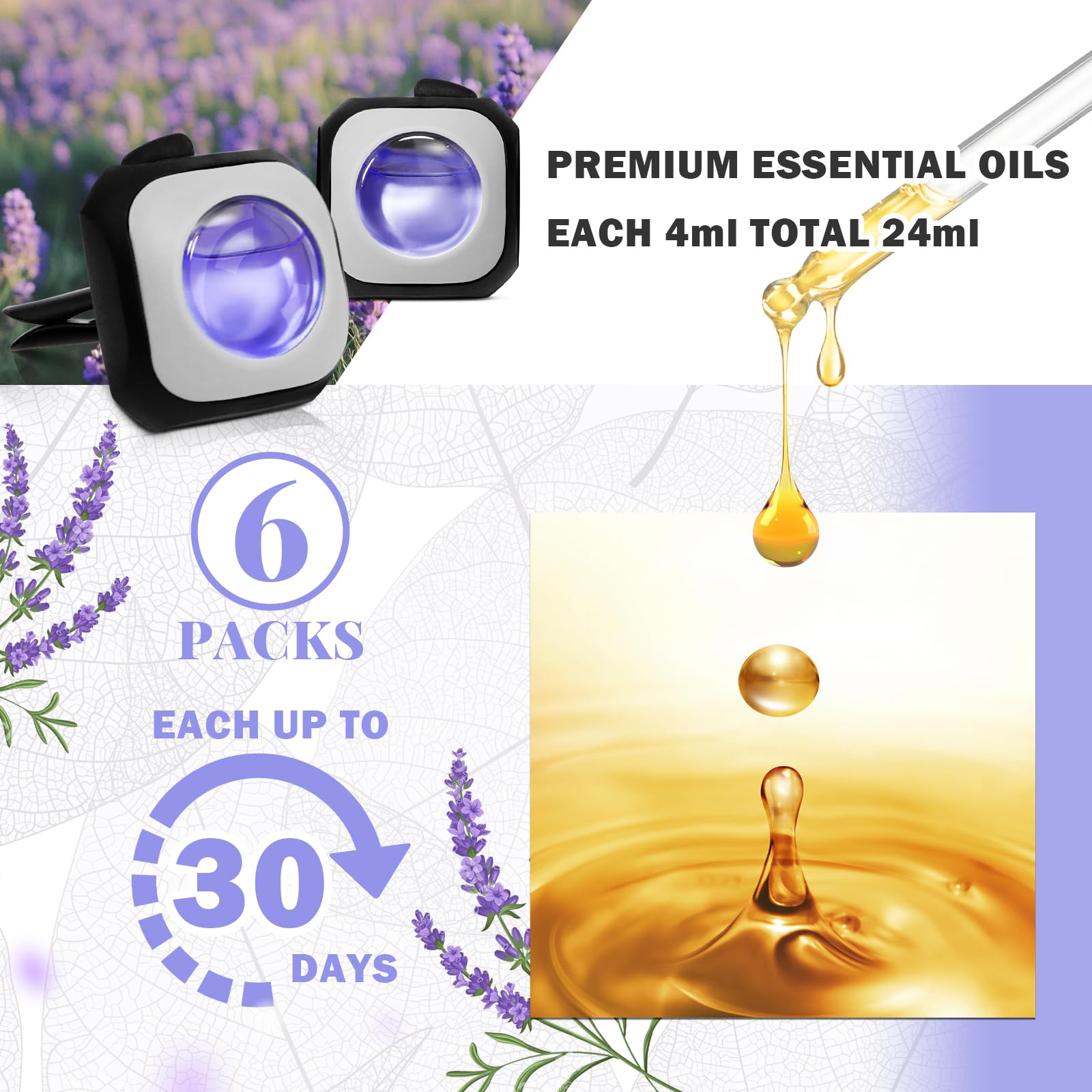 SCENTORINI Car Air Freshener Vent Clips, Lavender Scent, Car Fresheners Long Lasting, 6 Pack Up to 180 Days, for Odor Eliminator