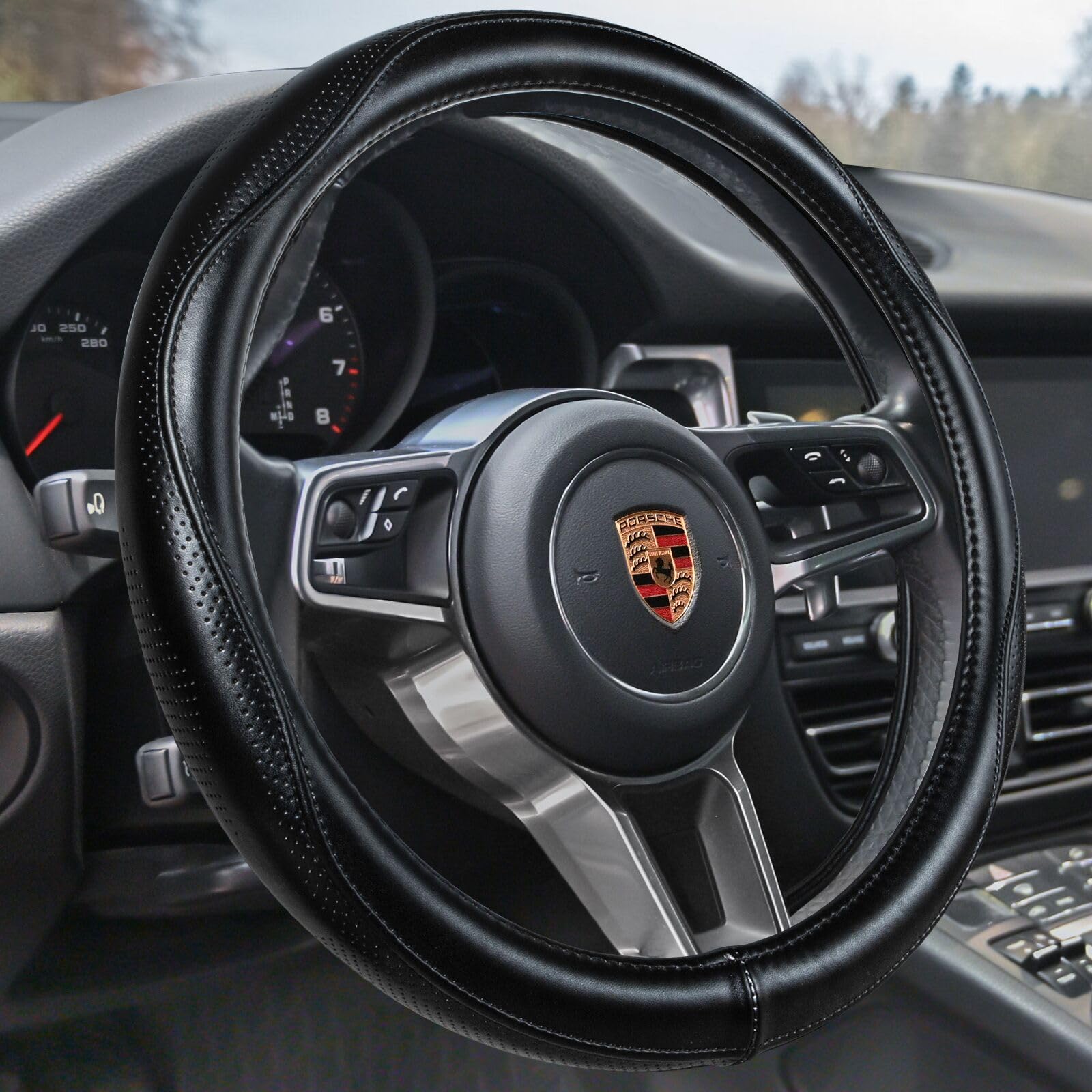 Haokay Top Grade Black Genuine Leather Steering Wheel Cover Men Women, Luxury Steering Wheel Cover For Cars, Suvs And Trucks,Uni