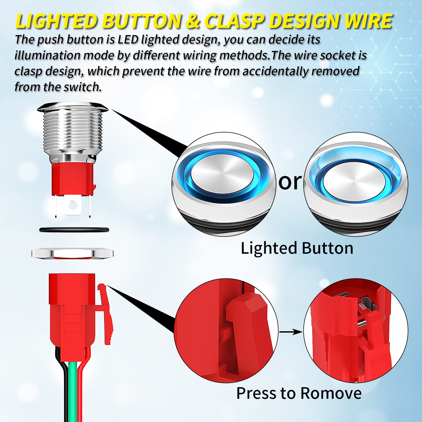 Joinfworld 12V 20A Heavy Duty Waterproof Push Button Switch - Metal Round Switch with Blue LED Ring for Marine, Boat, Car, Truck