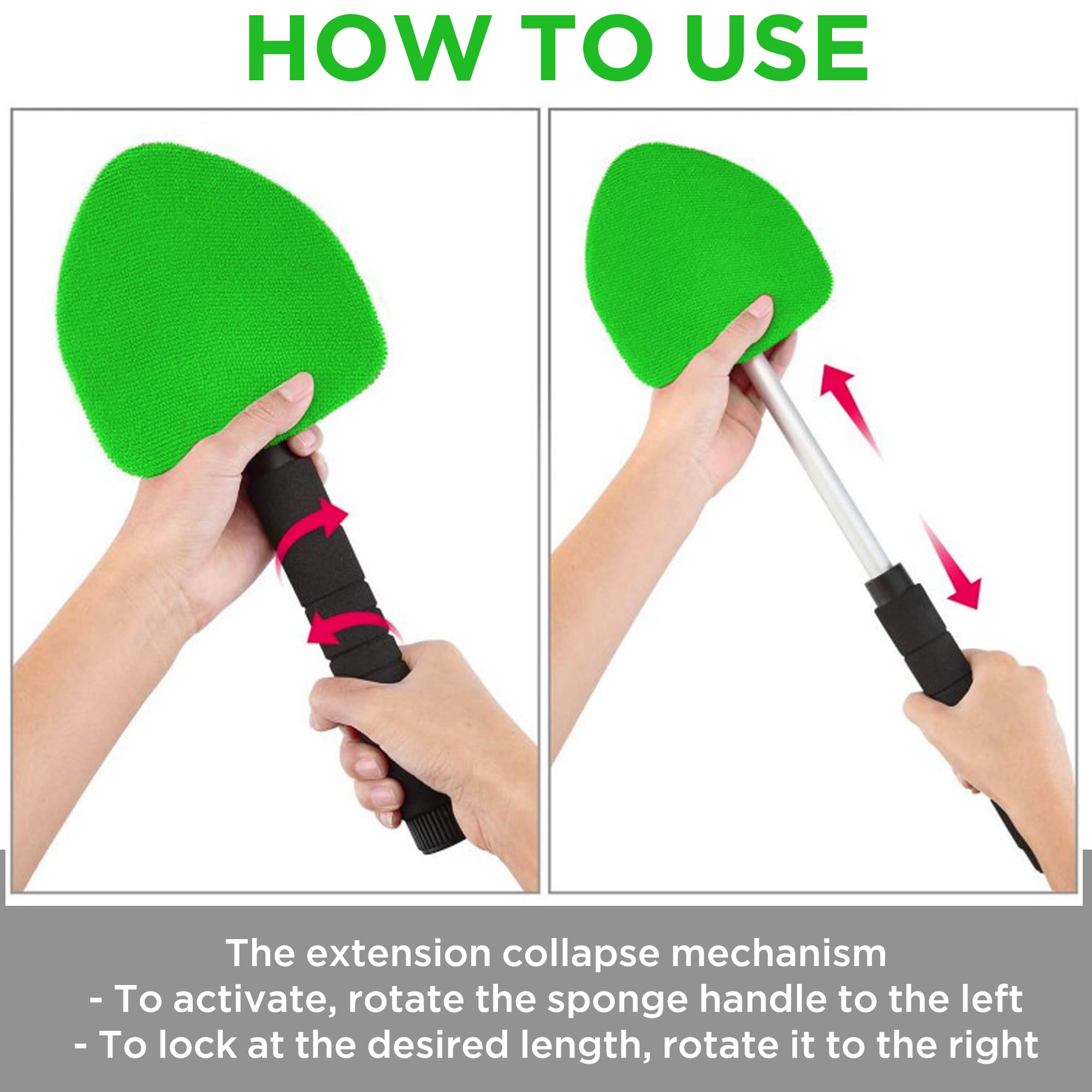 Takavu Car Window Cleaning Tool, Windshield Wiper Cleaner With Extendable Long-Reach Handle, 3 Washable Reusable Microfiber Bonn
