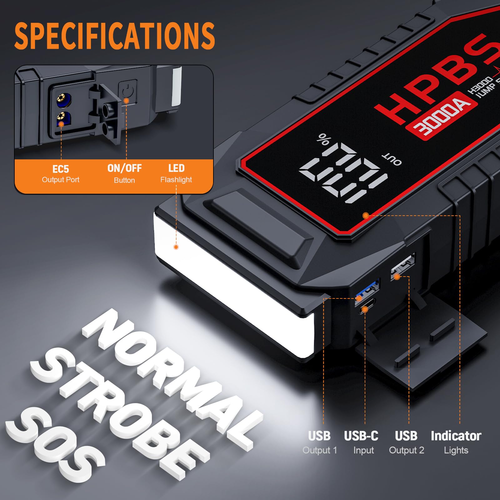 HPBS 3000A Car Battery Jump Starter for Up to 10L Gas & 8L Diesel Engines, 12V Portable with 3.0" LCD Display, Model H3000