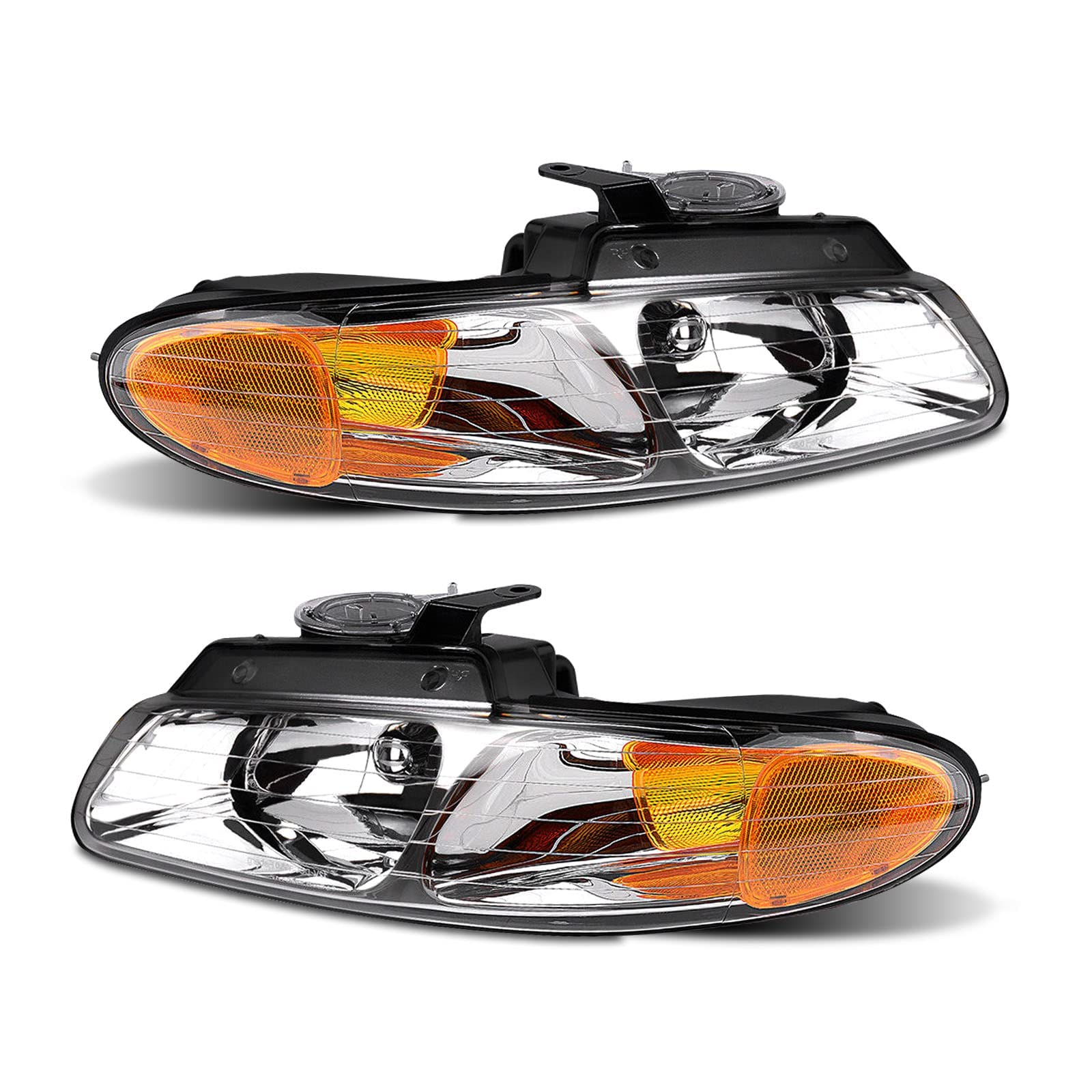 ADCARLIGHTS Headlight Assembly Pair for 1996-2000 Dodge Grand Caravan Chrysler Town & Country Chrome Housing Amber Reflector W/O