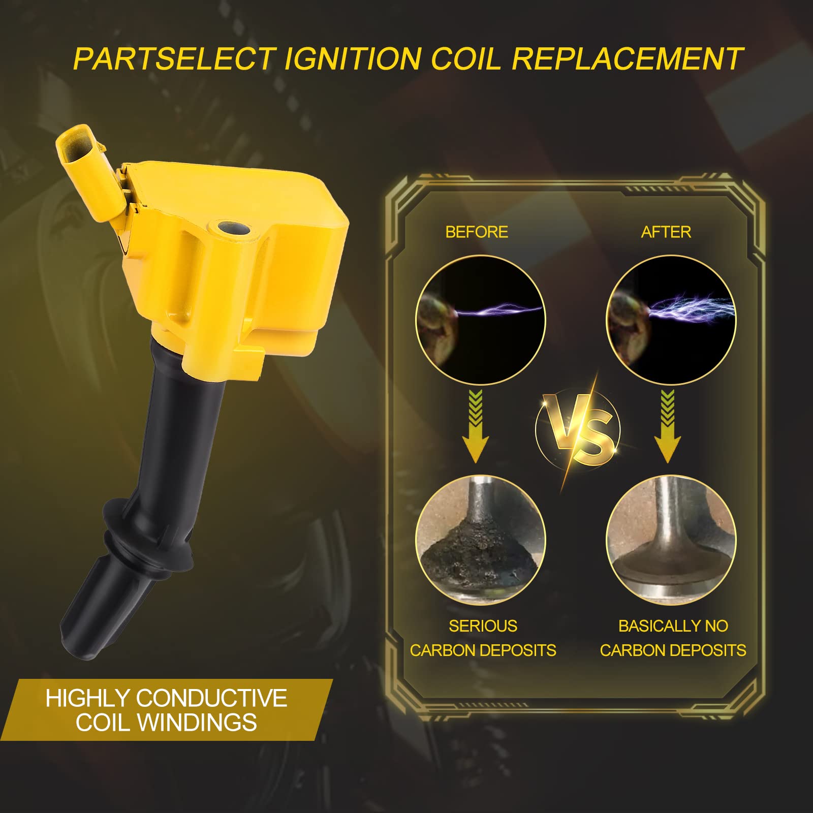 Partselect Ignition Coil Pack Set of 4 UF802 for Chevy Equinox Malibu Cruze Volt 2016-2019, Buick Encore, GMC Terrain, Yellow