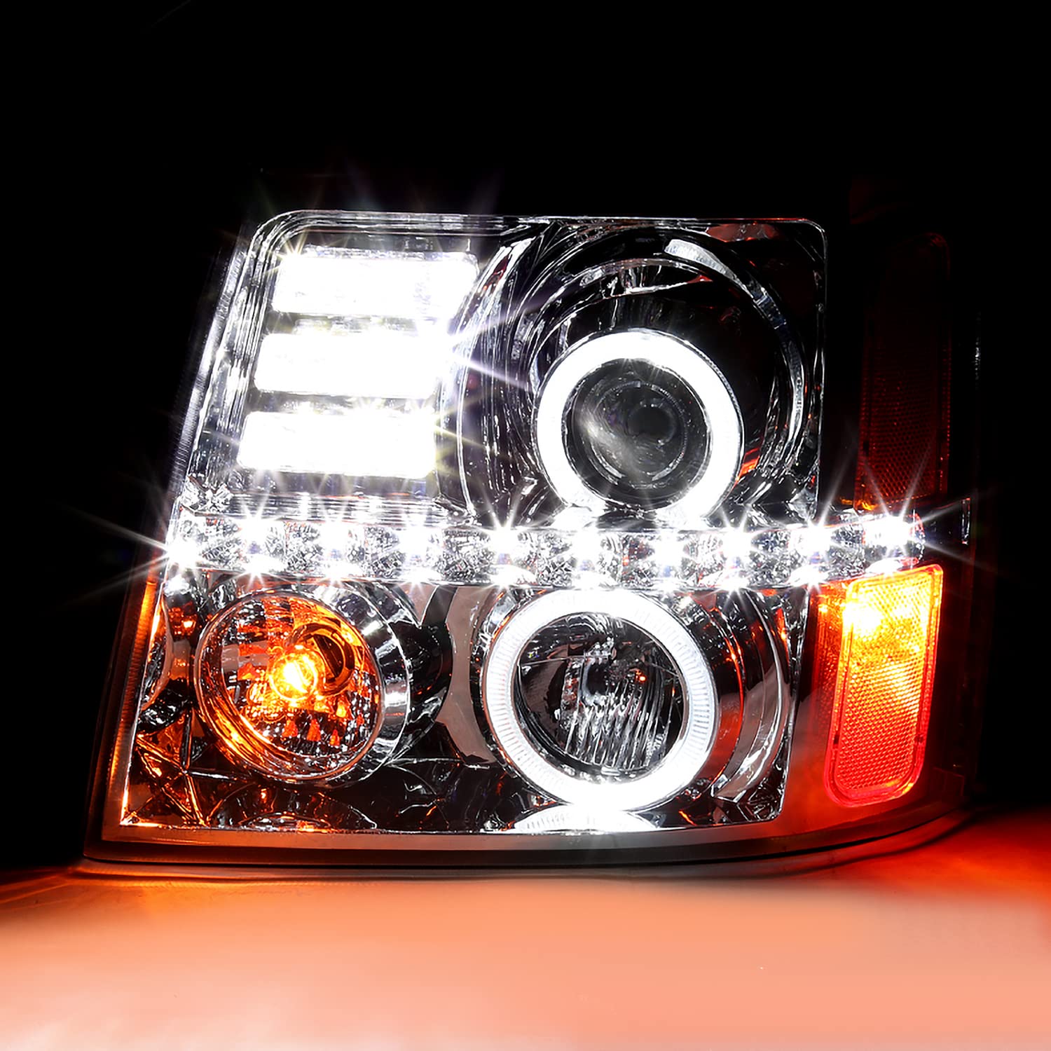 Spec-D Tuning Led Dual Halo Chrome Housing Clear Lens Headlights Compatible With 2002-2006 Cadillac Escalade All, Left + Right Pair Headlamps Assembly