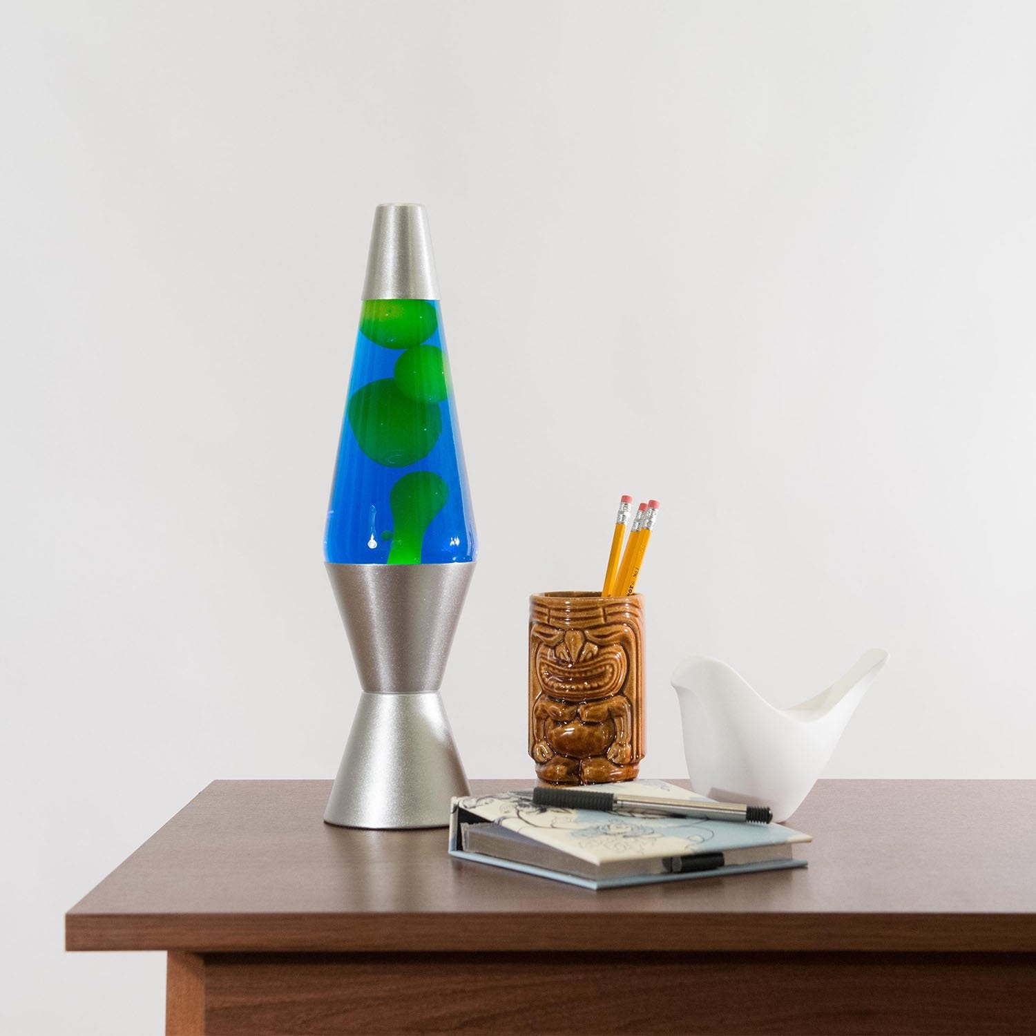 Lava Lite 2124 The Original 14.5-Inch Silver Base Lamp With Yellow Wax In Blue Liquid