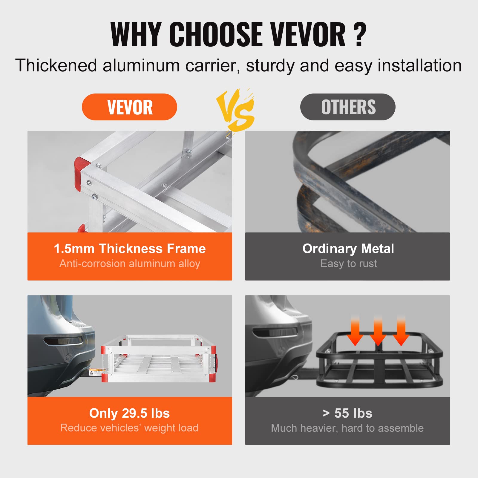 VEVOR 49.4 x 22.4 x 7.1 in Hitch Cargo Carrier, 500lb Capacity Trailer Hitch Mount Aluminum Cargo Basket, Luggage Carrier Rack F