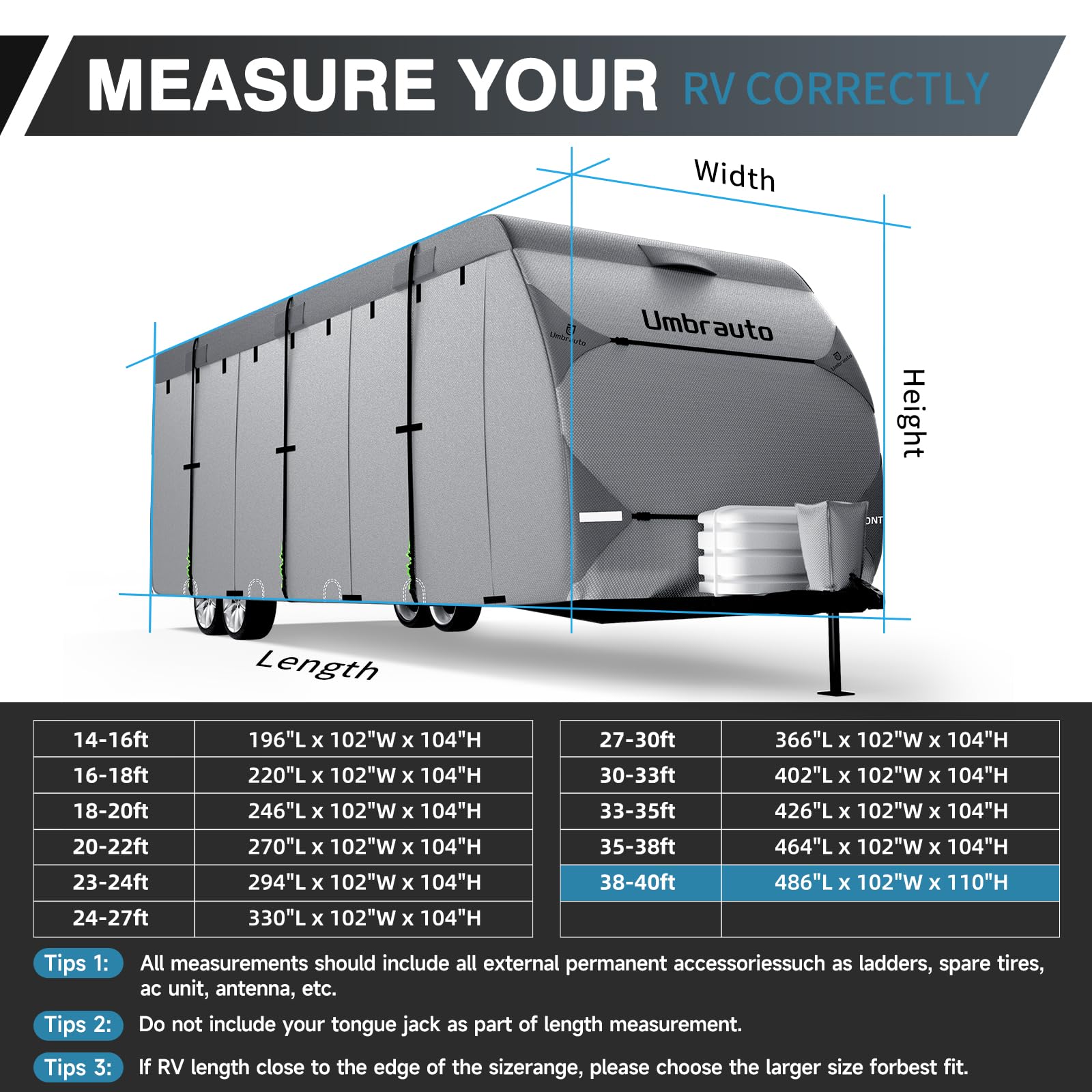 Umbrauto Rv Cover 35-38Ft Travel Trailer: 7 Layers Camper Cover, Waterproof Toy Hualer Cover With Tongue Jack Cover, Extra Windp