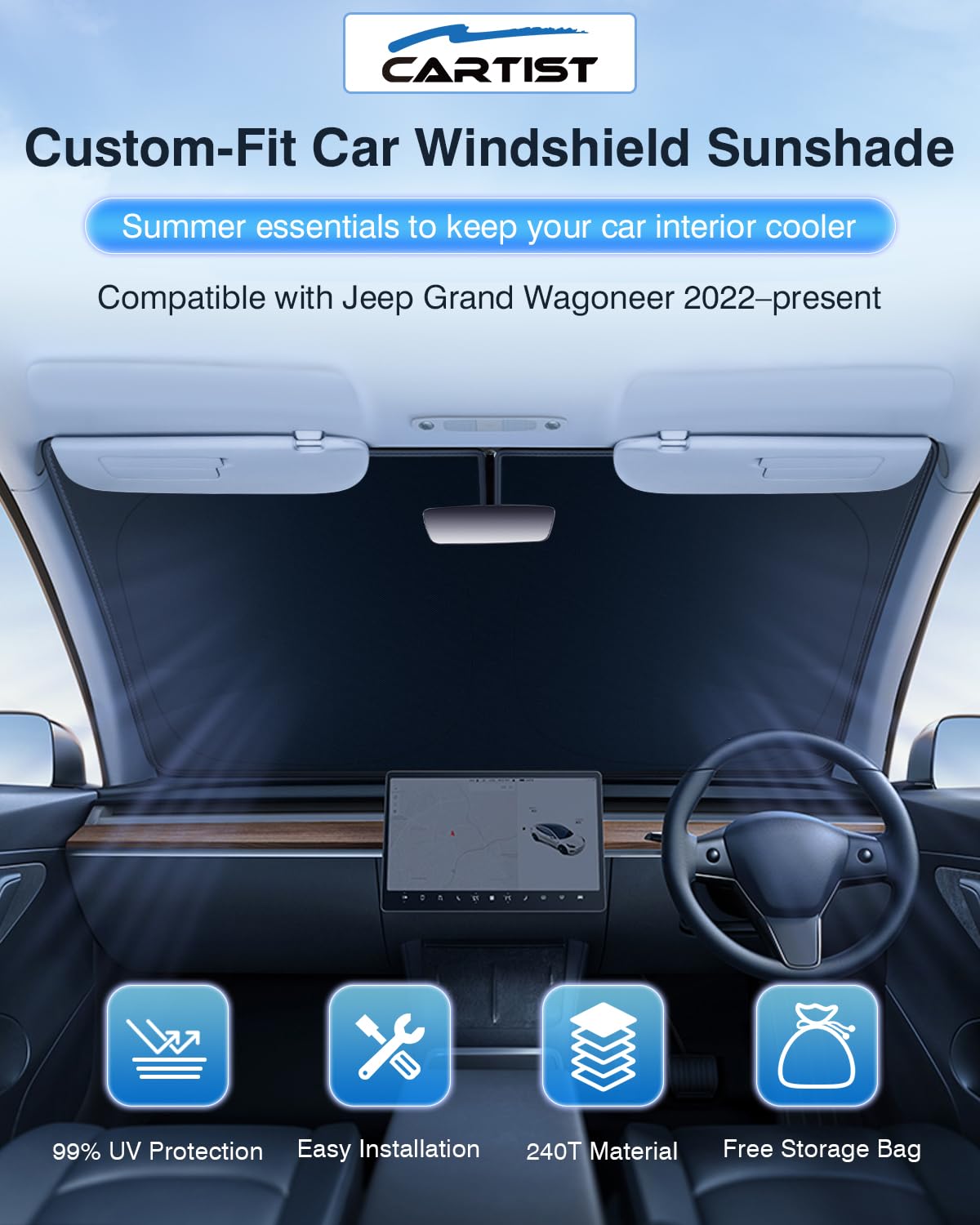 Sun Shade Fits For Jeep Grand Wagoneer 2022-2024 2025 (Not For Jeep Wagoneer) Windshield Sunshade For Wagoneer Accessories Folda