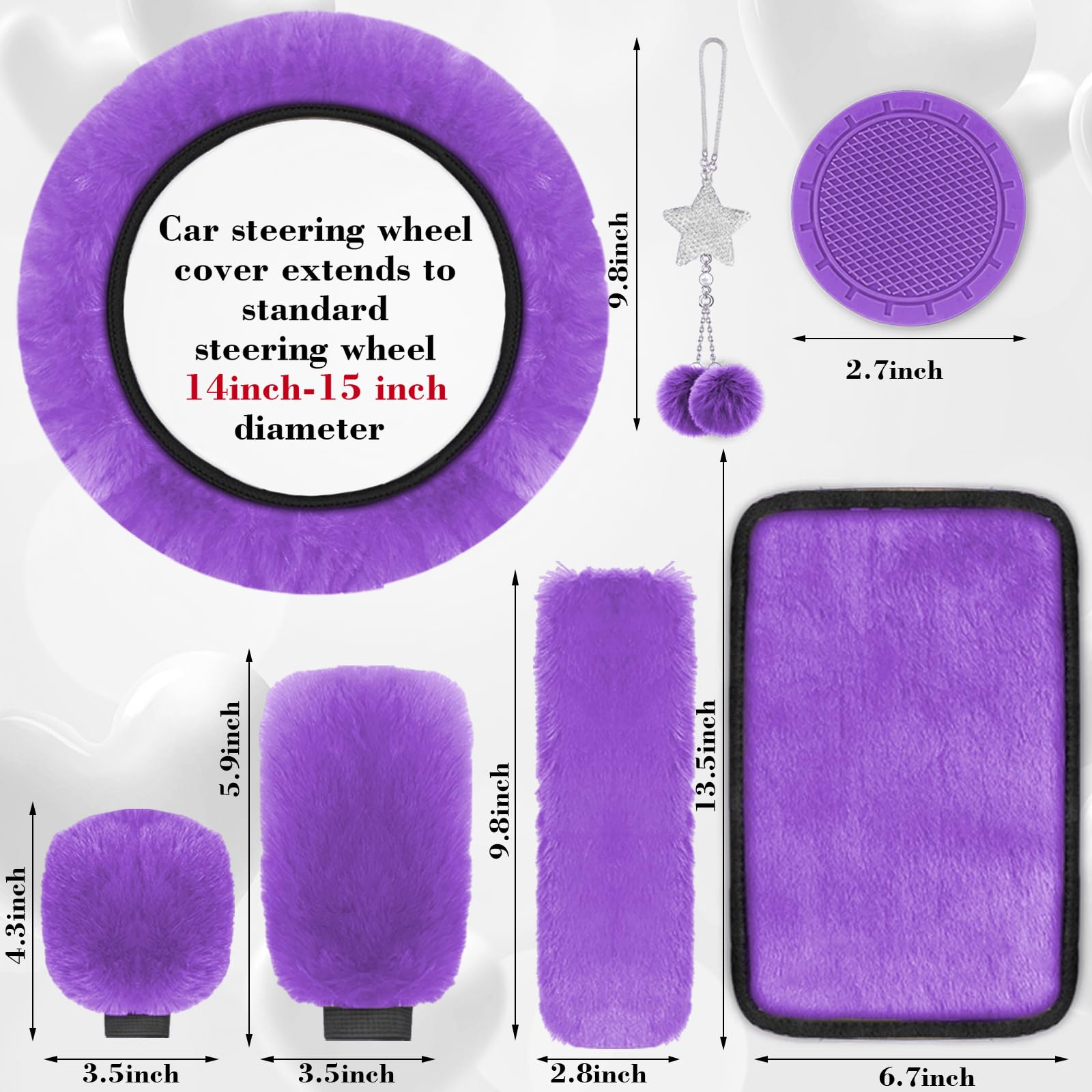 JINGSEN 17 Car Seat Cover Full Set for Women,Universal Car Seat Cover, Plush Steering Wheel Cover,Fluffy Soft Wool Handbrake Gea